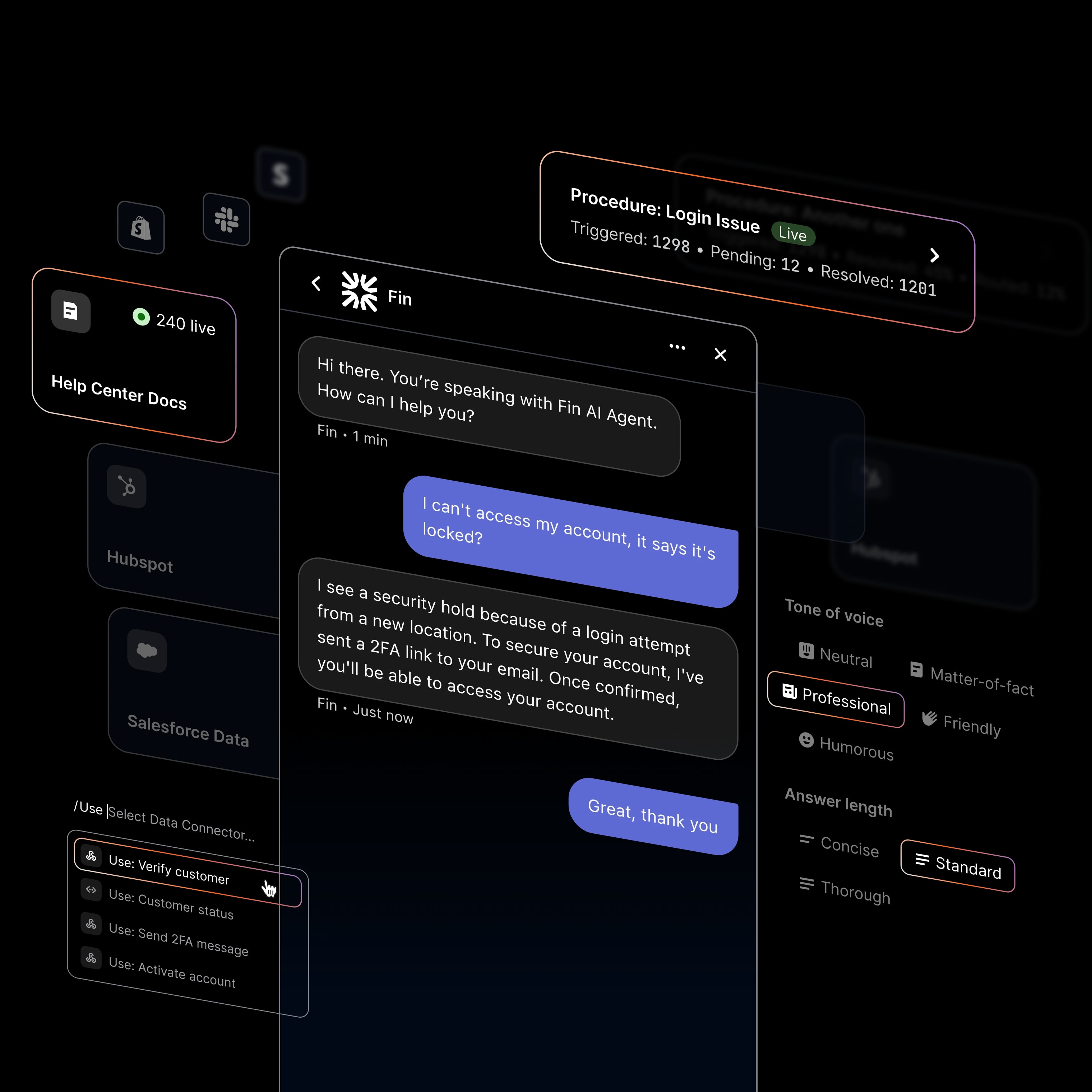 Fin AI Agent interface showing conversation and training features