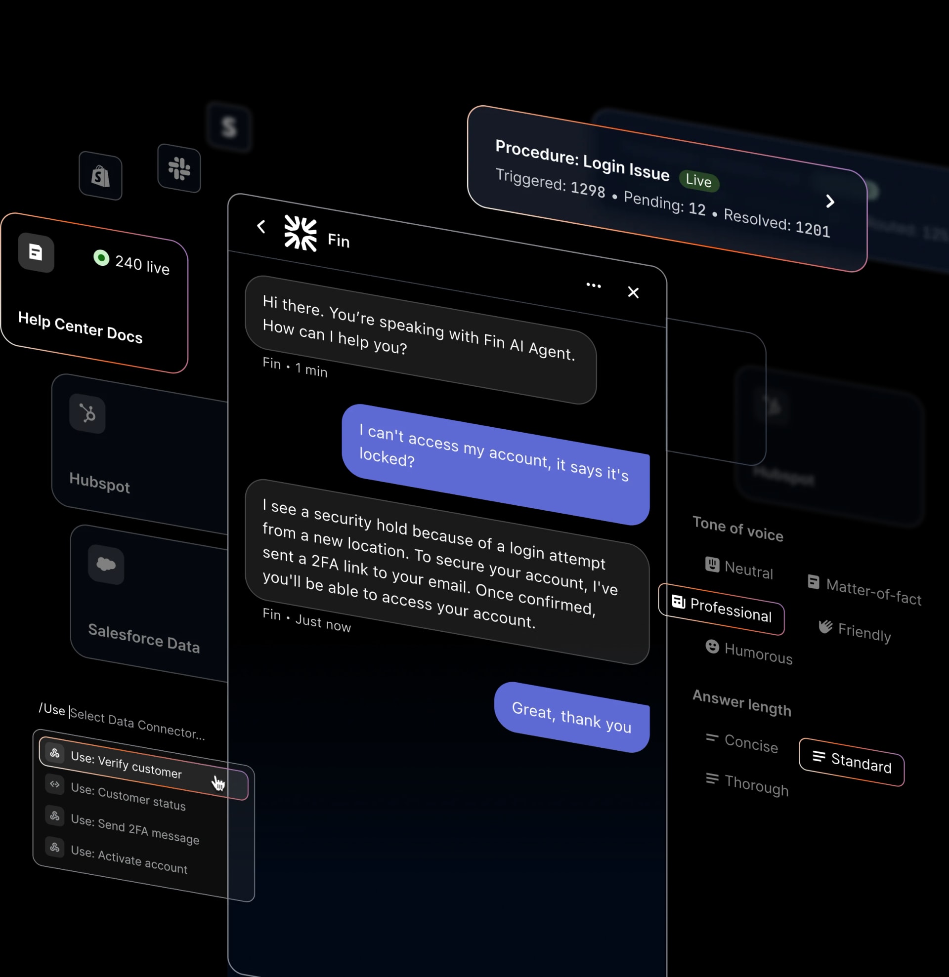 Fin AI Agent interface showing conversation and training features