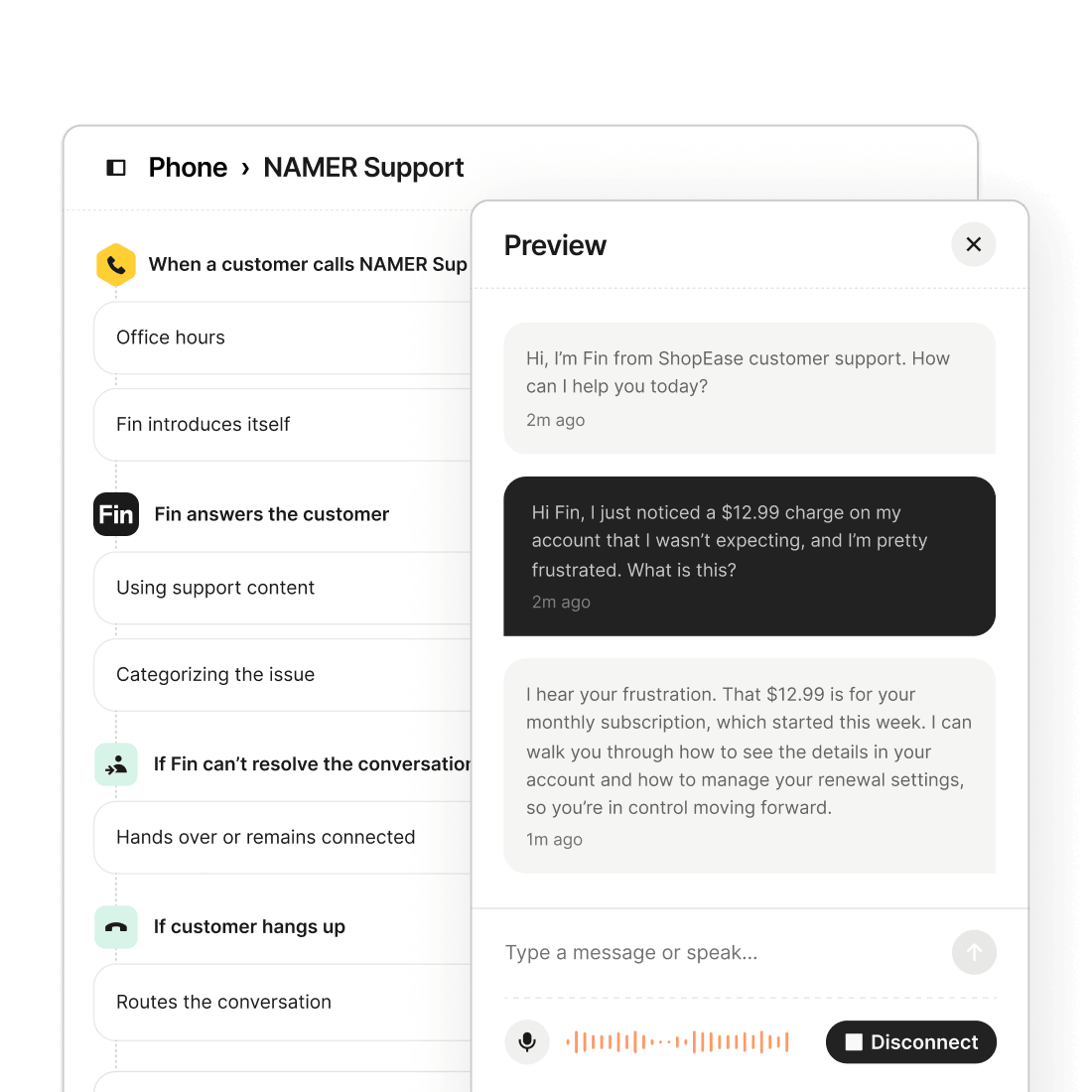 Fin Voice sandbox preview of a call scenario