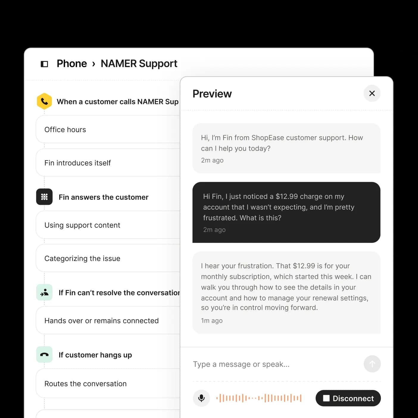 Fin Voice sandbox preview of a call scenario