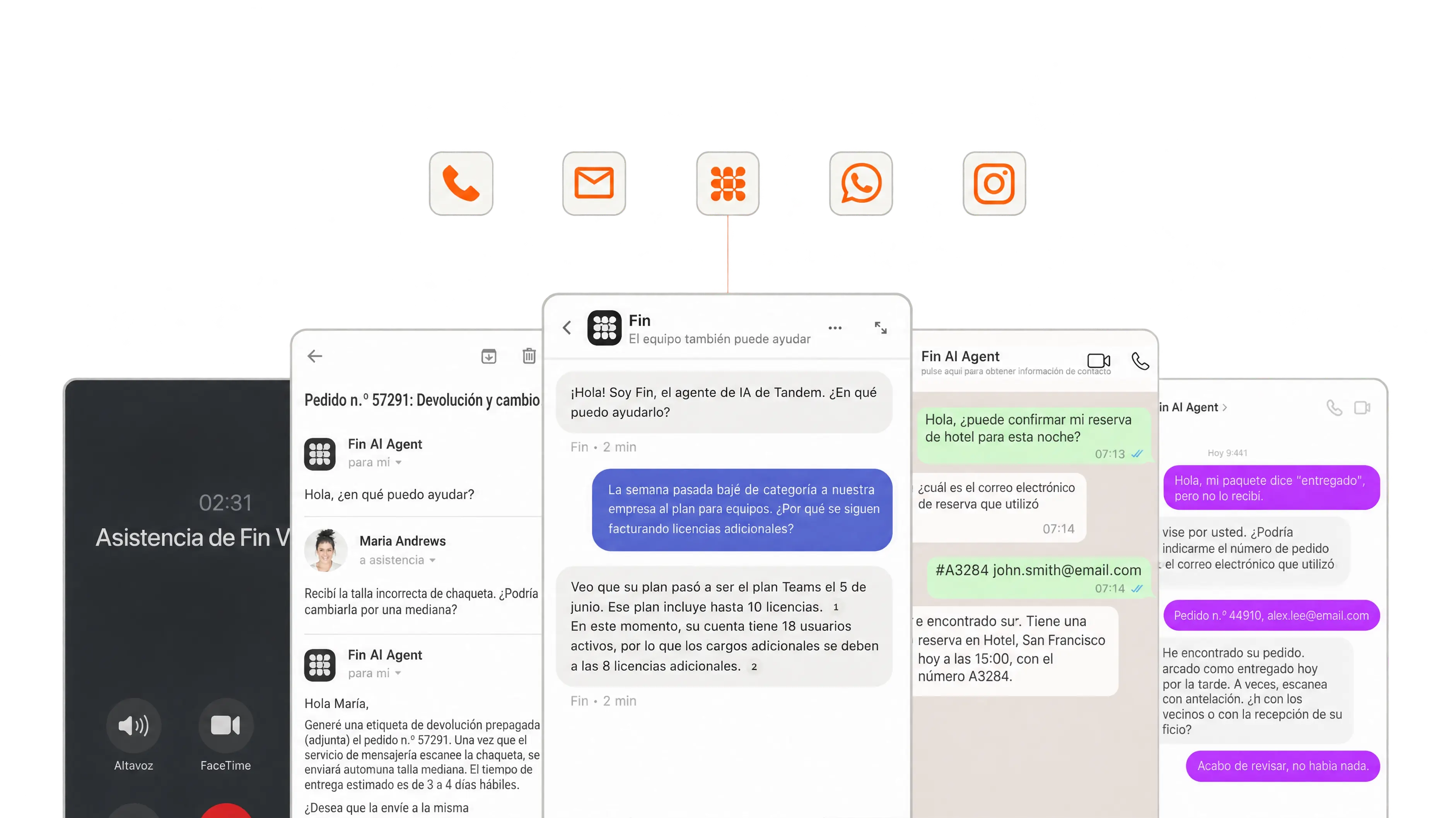 Fin respondiendo en canales como correo electrónico, chat, teléfono y redes sociales
