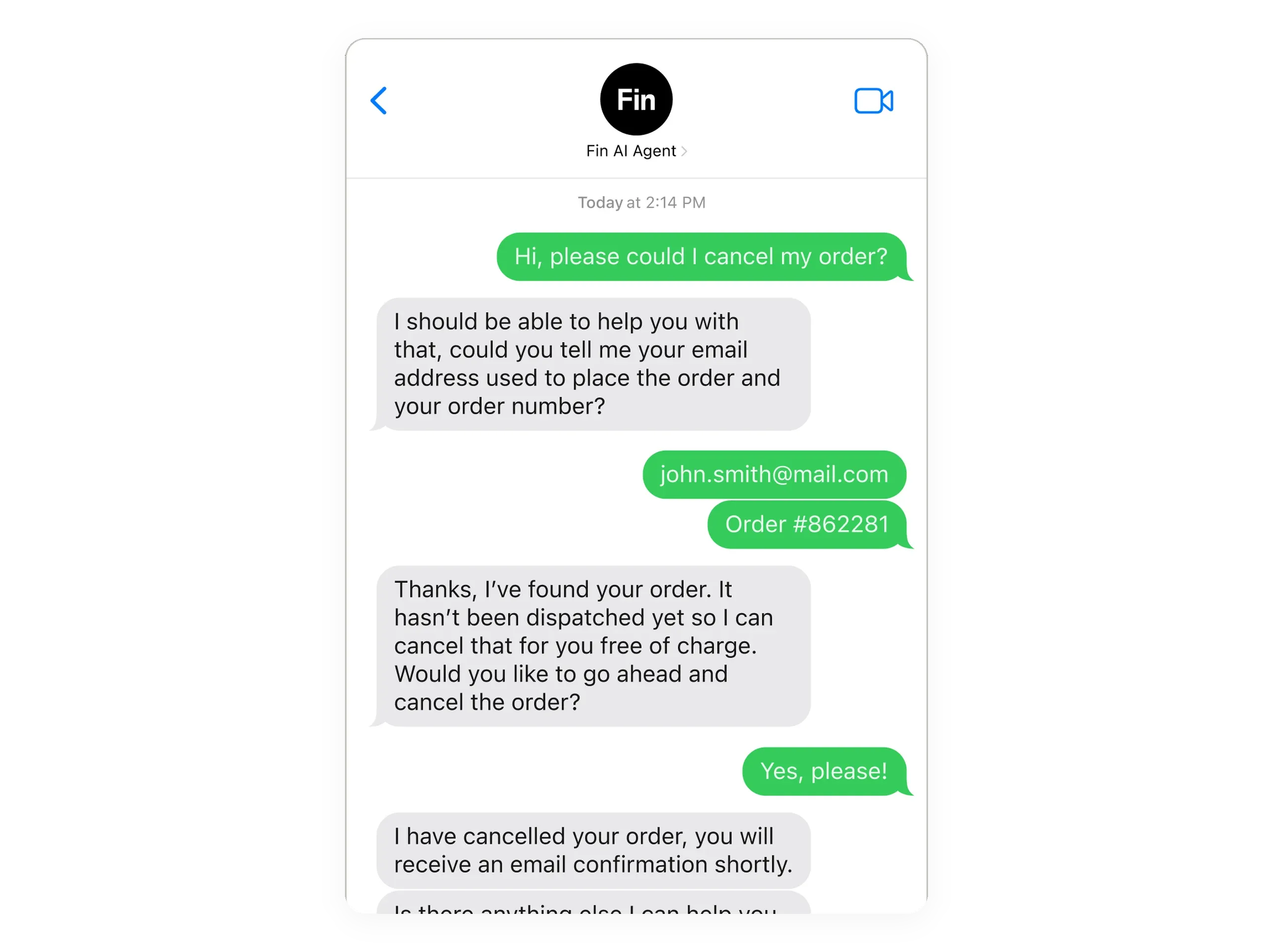 Fin canceling a customer order in an SMS text conversation