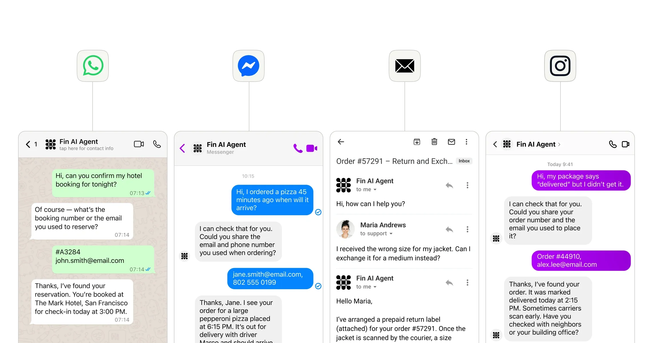 Fin AI Agent resolving queries across WhatsApp, Messenger, email, and Instagram