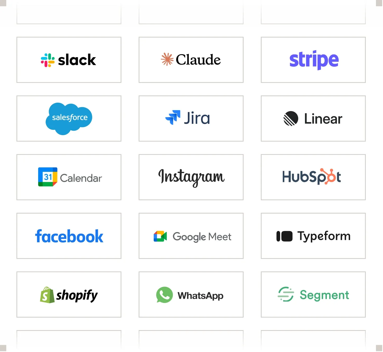 Grid of tools that integrate with Fin, including Slack, Claude, Stripe, Salesforce, Jira, Linear, Google Calendar, Instagram, HubSpot, Facebook, Google Meet, Typeform, Shopify, WhatsApp, and Segment