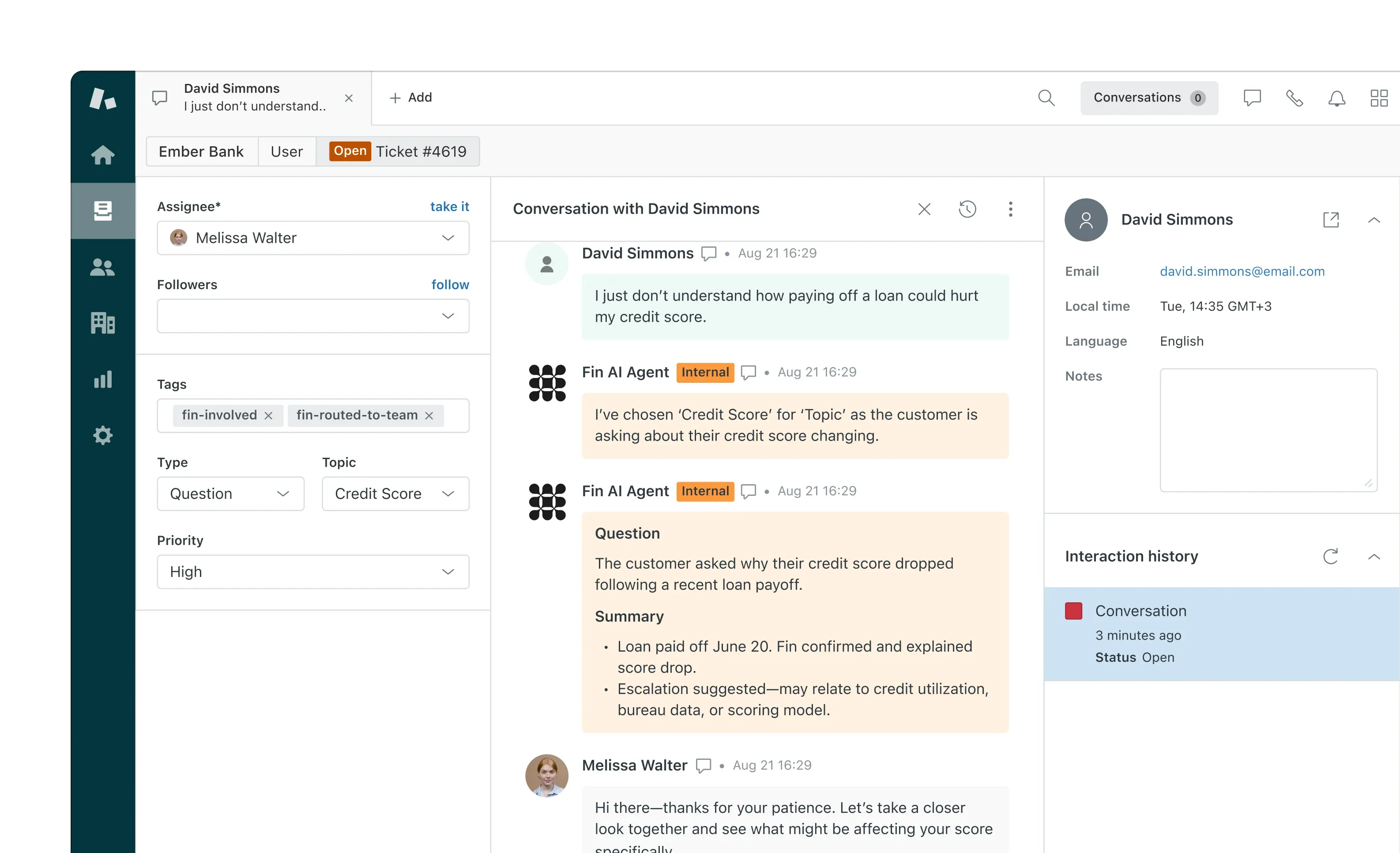 Fin adding a summary and handing off to a Zendesk agent
