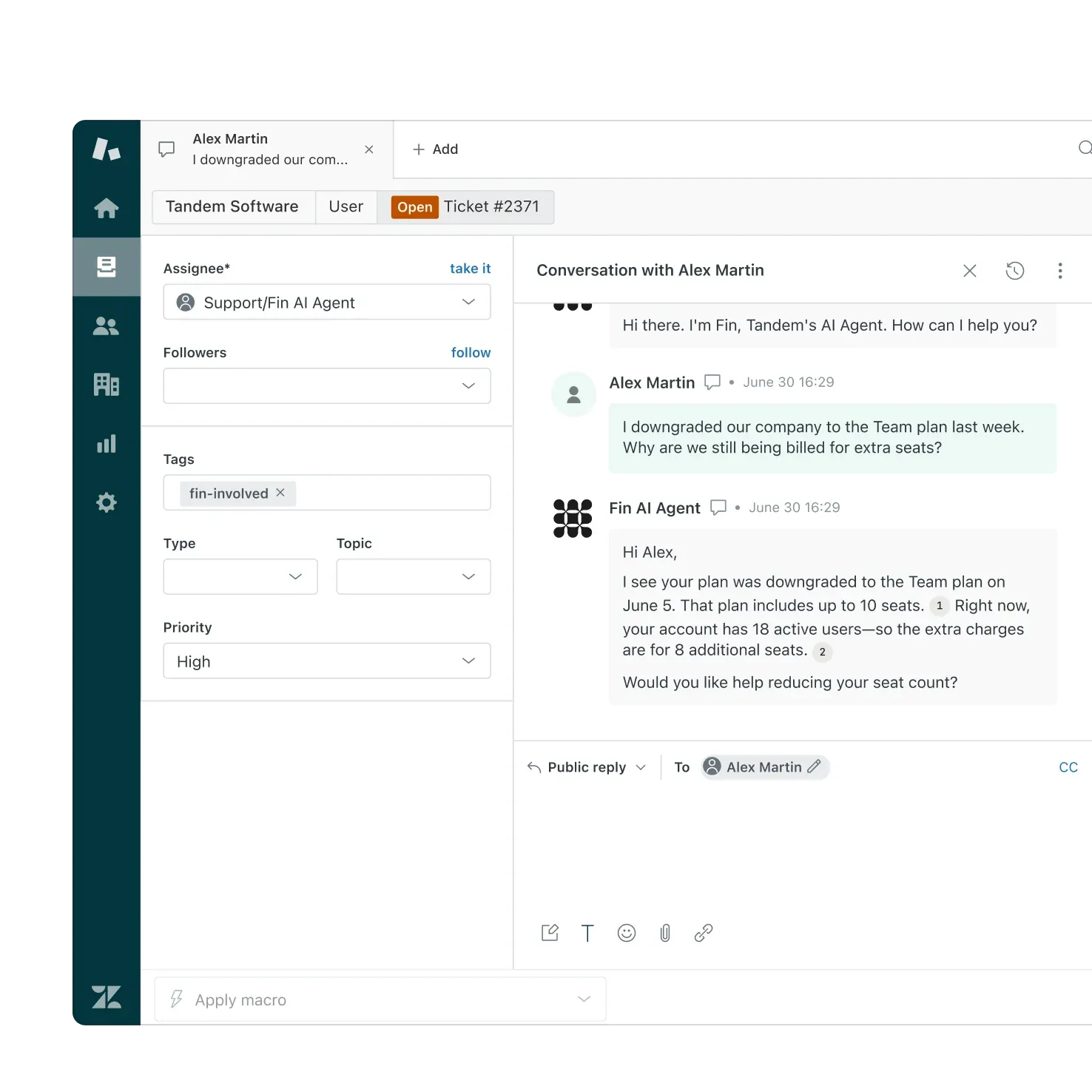 Fin resolving a billing question inside a Zendesk ticket