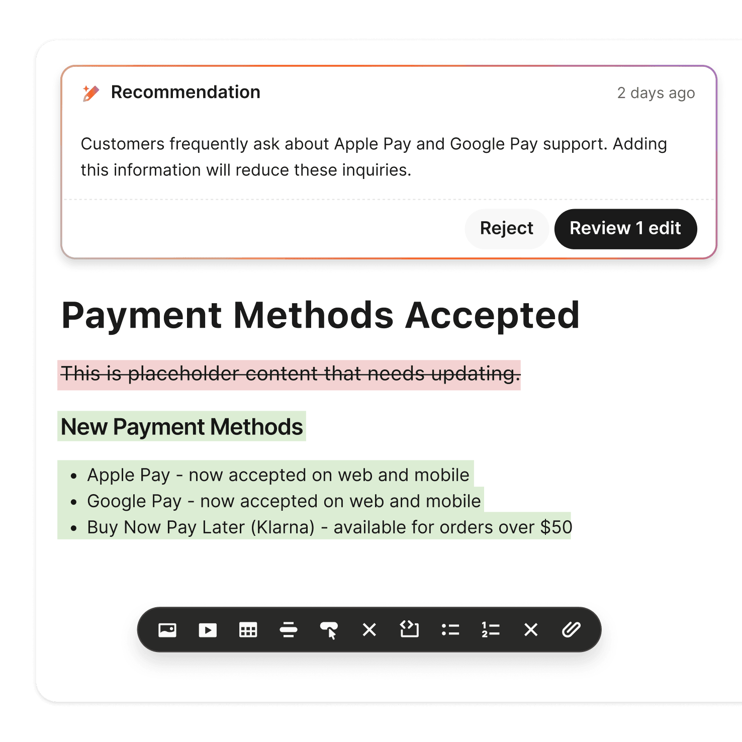 One-click content update interface for improving Fin