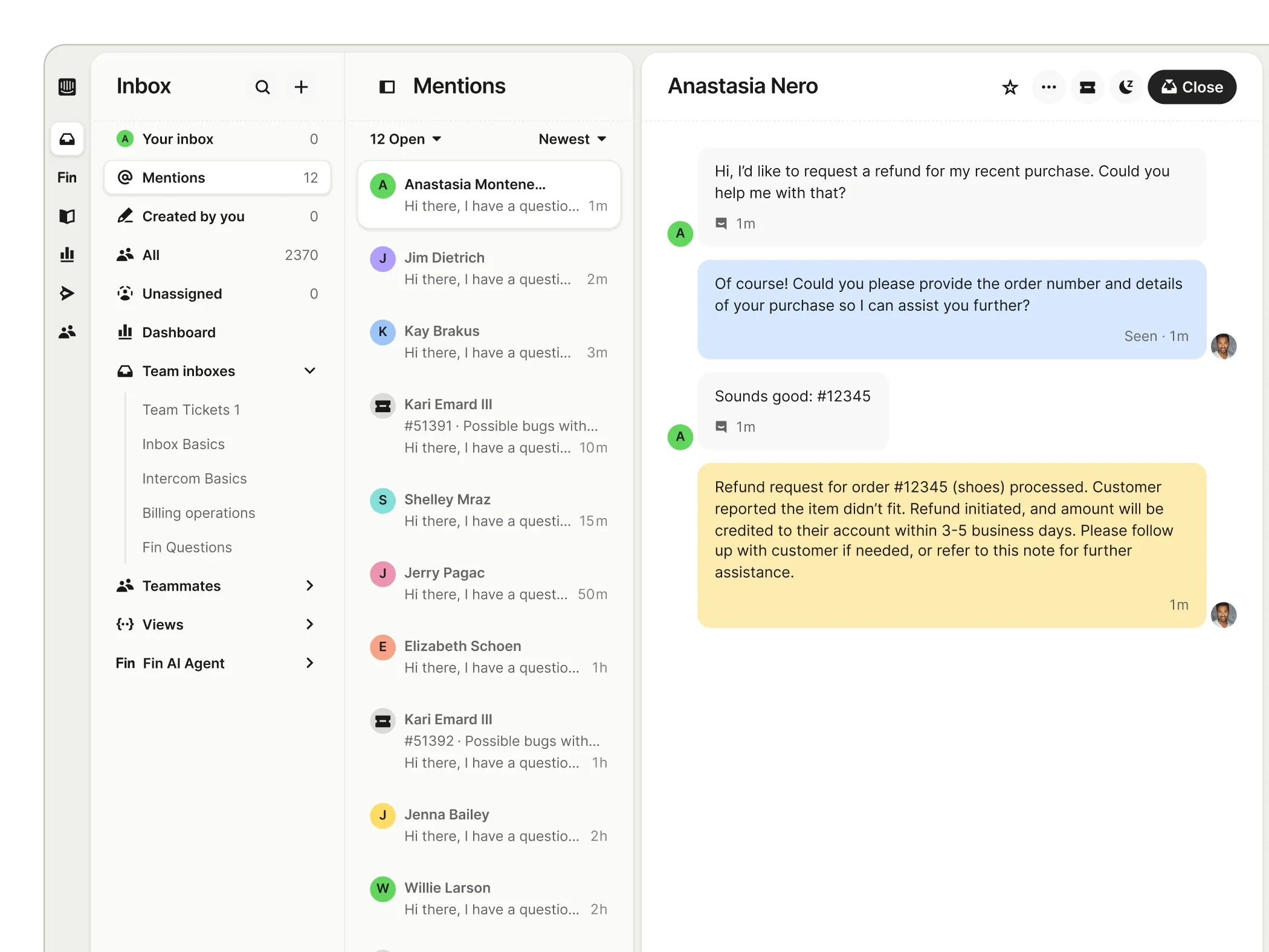 Intercom dashboard showing Slack conversation logs with Fin resolution metrics and agent handoff details