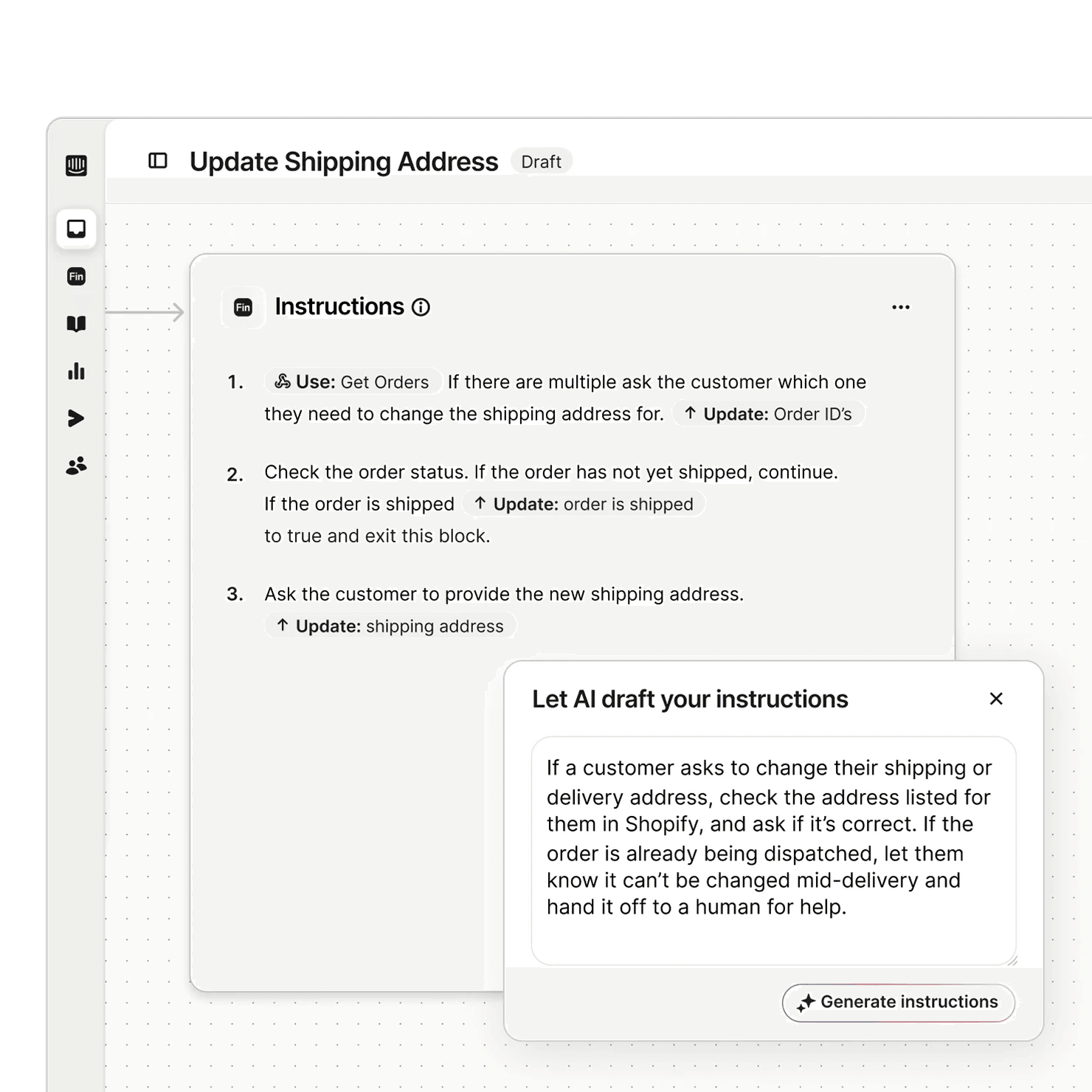 Illustration showing Fin taking instant actions across connected systems (desktop)