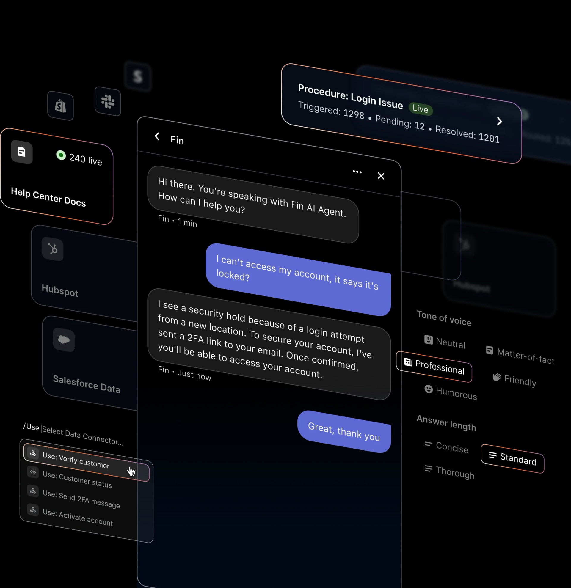 Fin AI Agent interface showing conversation and training features