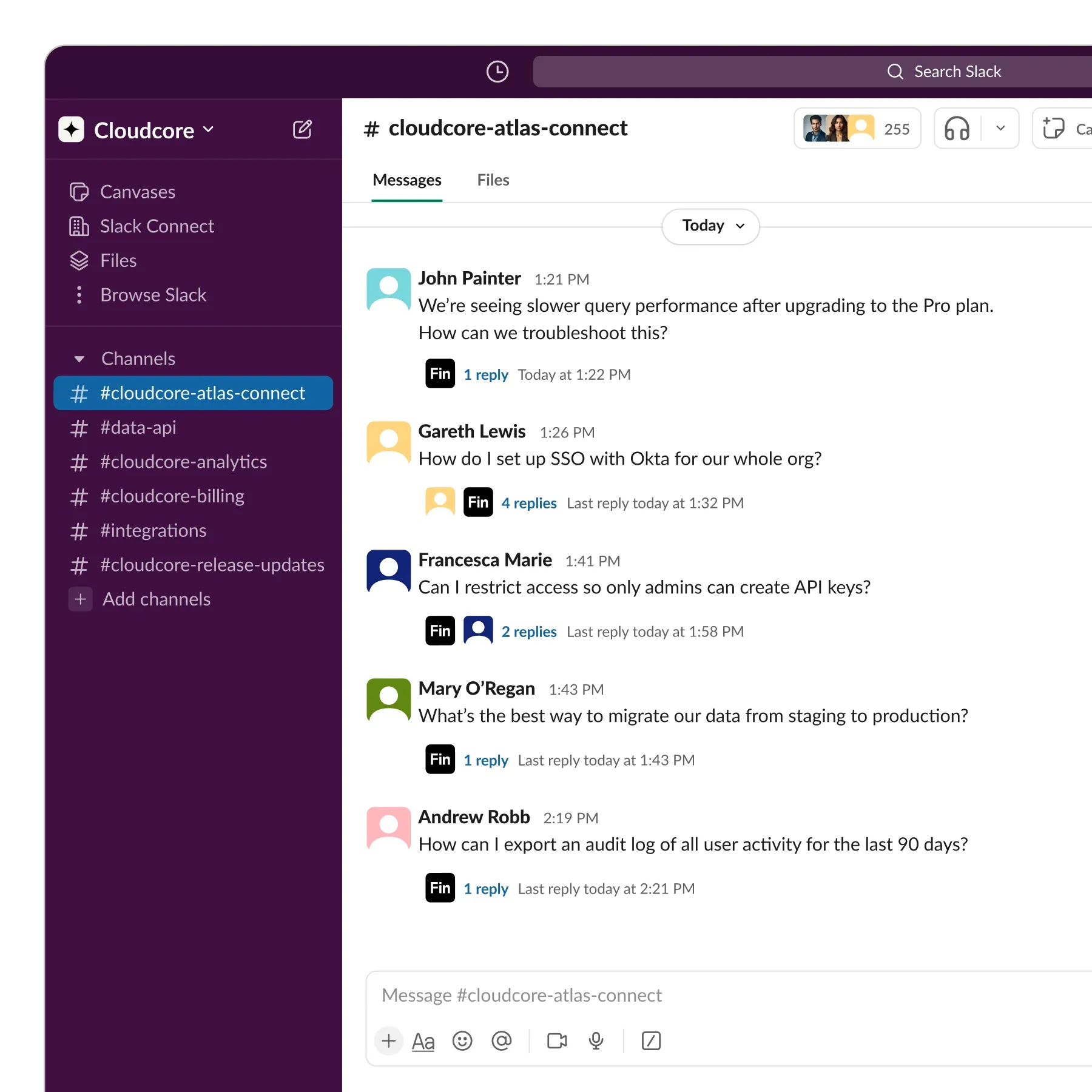Fin responding to a customer question in a Slack Connect channel
