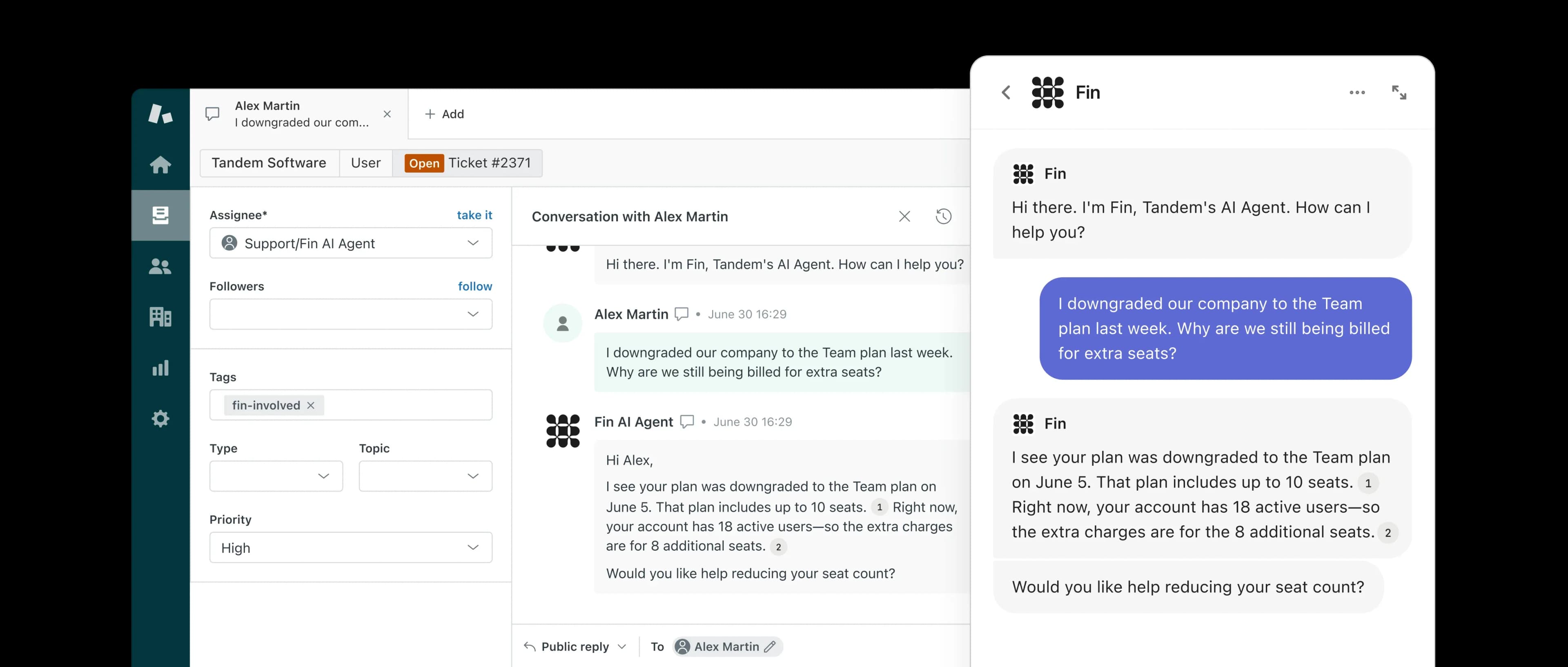 Fin resolving a billing question inside a Zendesk ticket