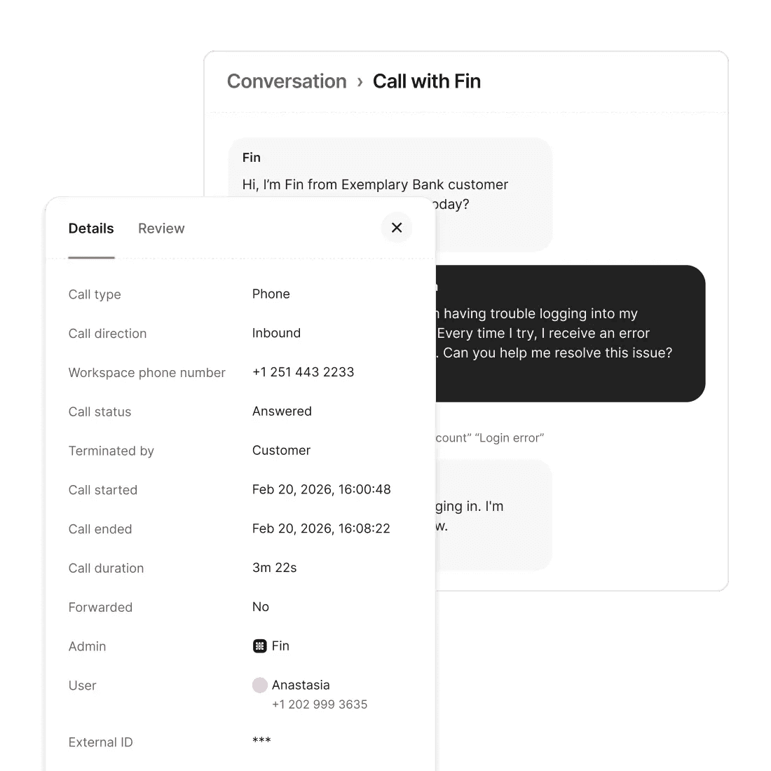 Fin Voice answer inspection with recordings, transcripts, and logic