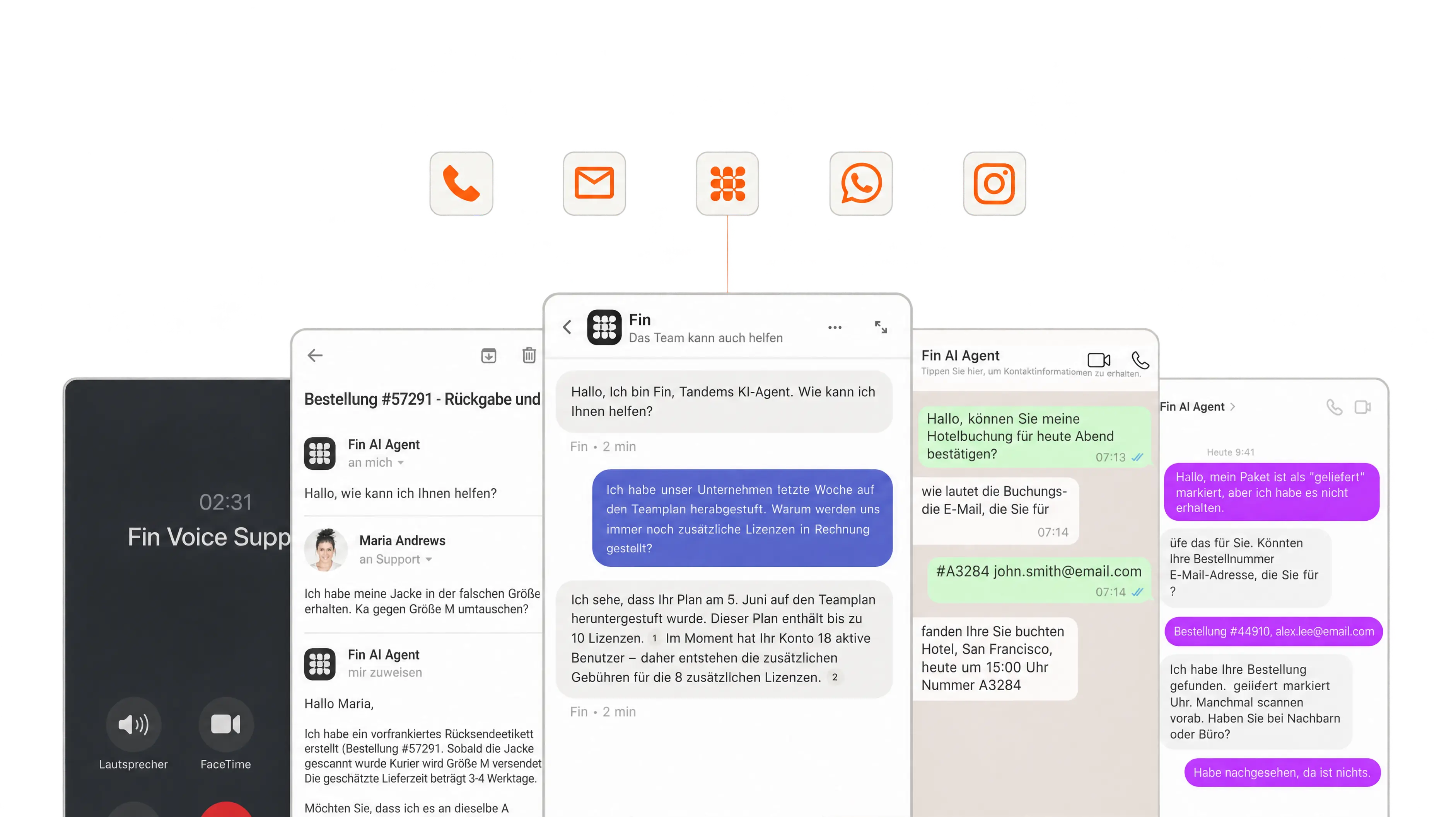 Fin antwortet über E-Mail, Chat, Telefon und soziale Kanäle