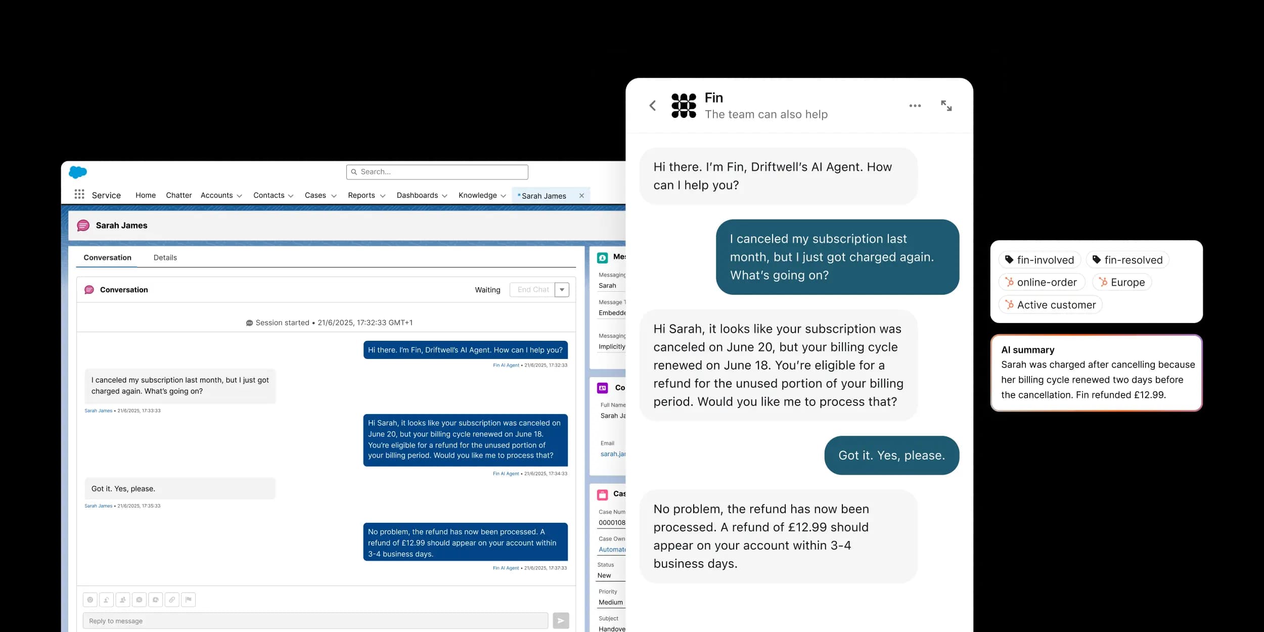 Fin resolving a subscription refund end to end: the customer conversation, the Salesforce Case Fin created, and the Case Details record