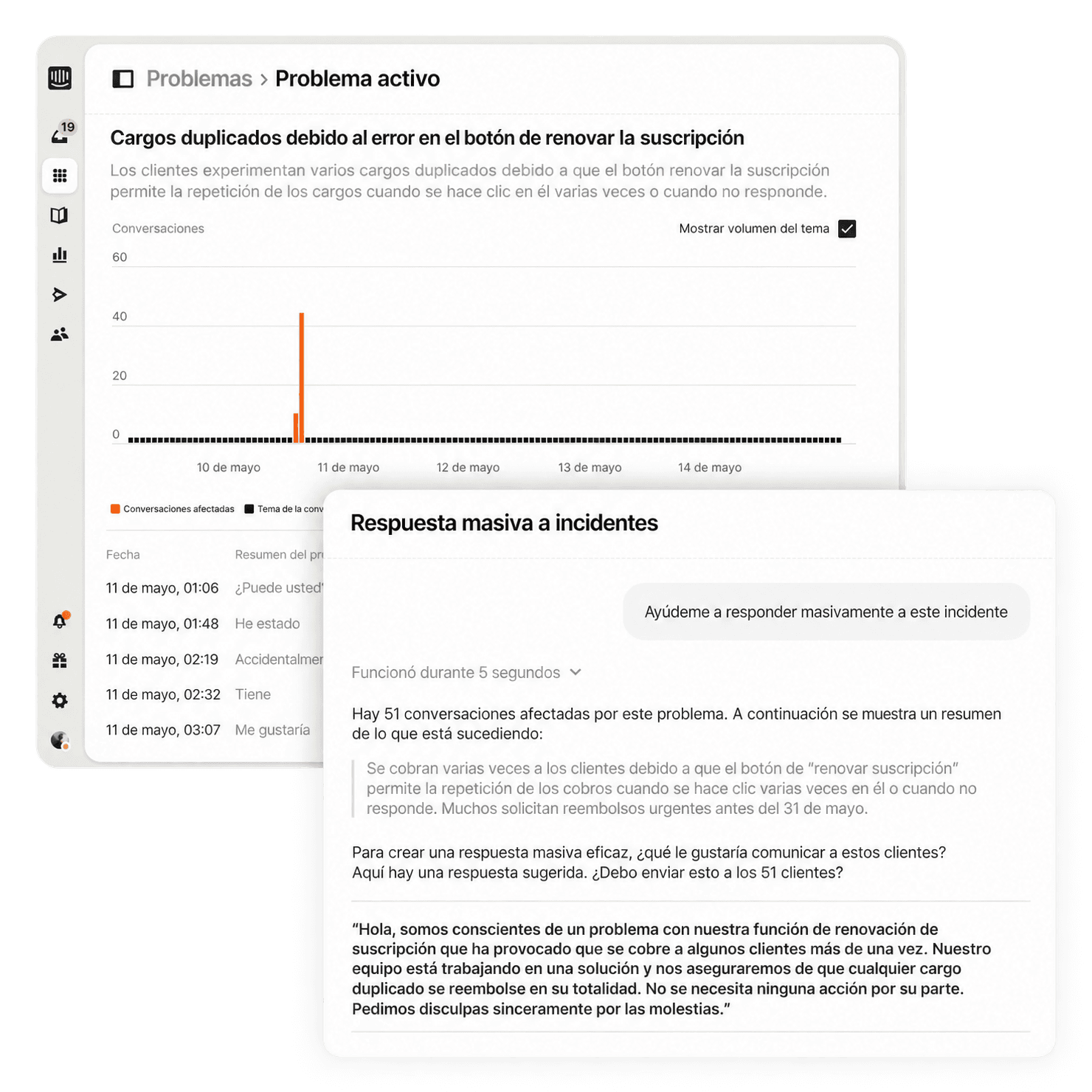 Interfaz de respuesta a incidentes masivos donde se muestran las conversaciones afectadas
