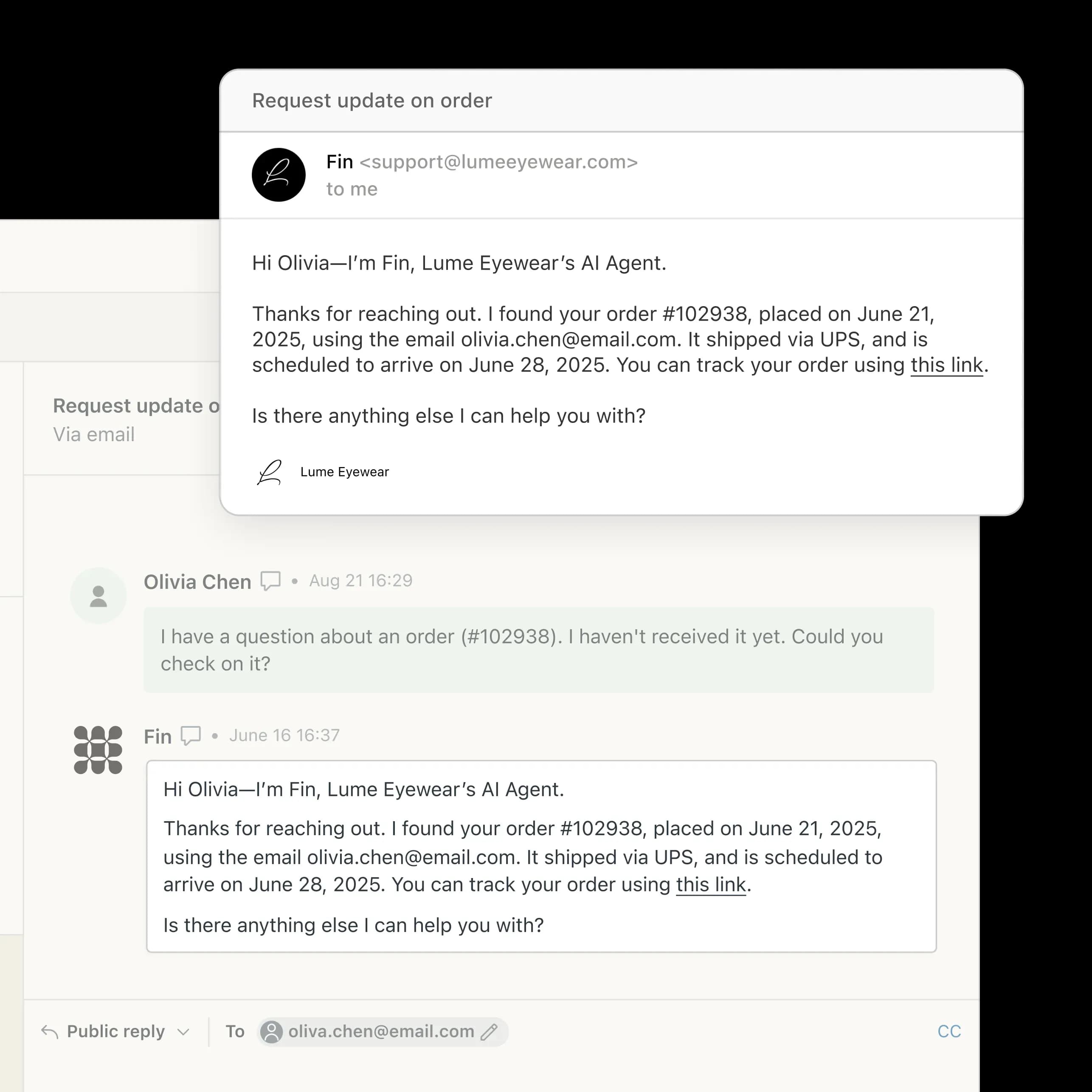 Fin replying to an email ticket in Zendesk