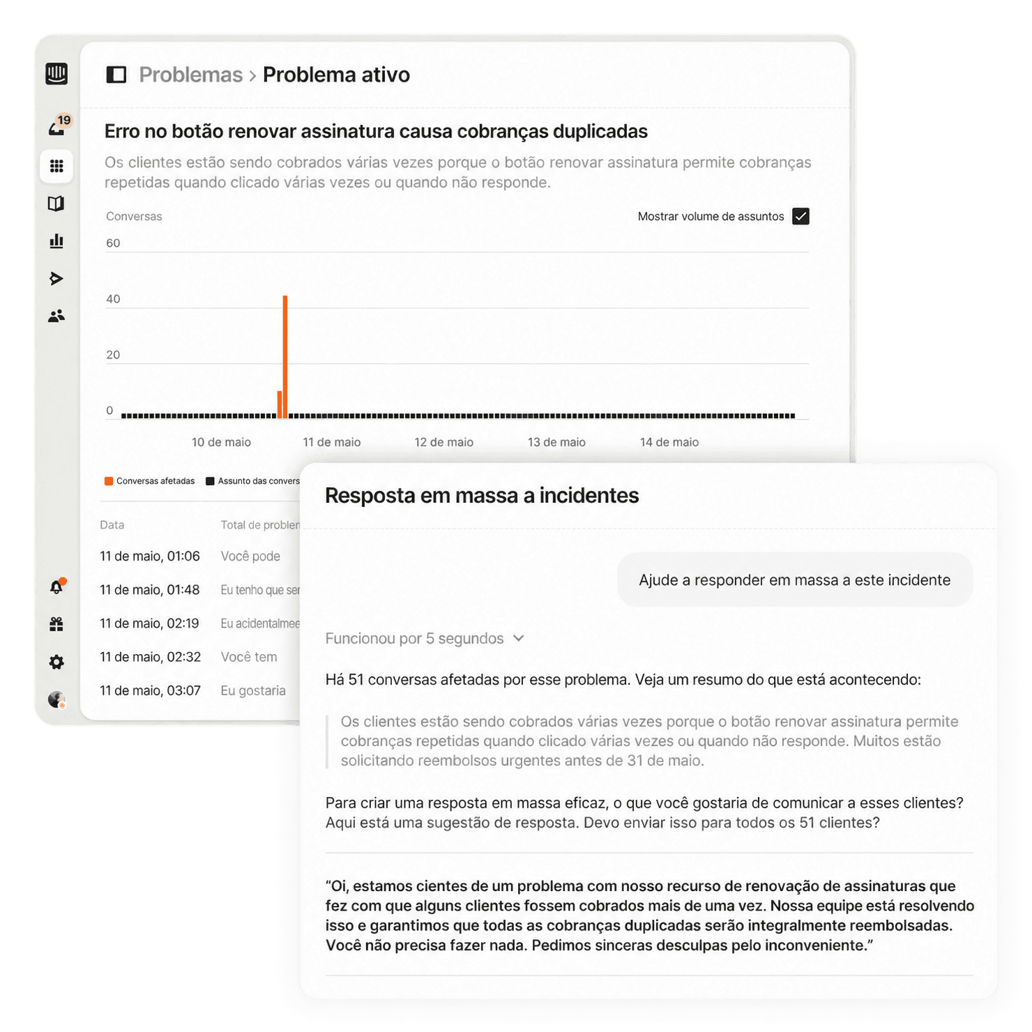 Interface de resposta a incidentes em massa mostrando as conversas afetadas