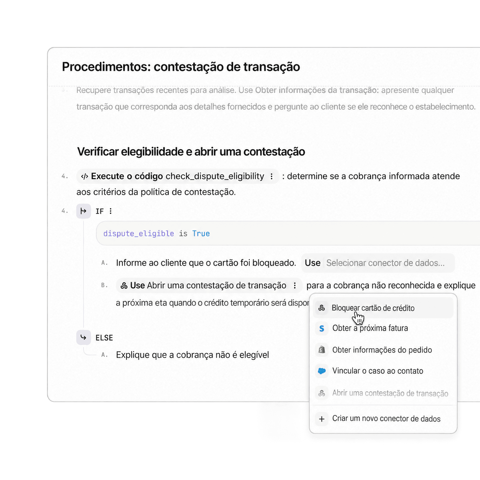 Interface de Procedures mostrando a configuração de um fluxo de trabalho com várias etapas