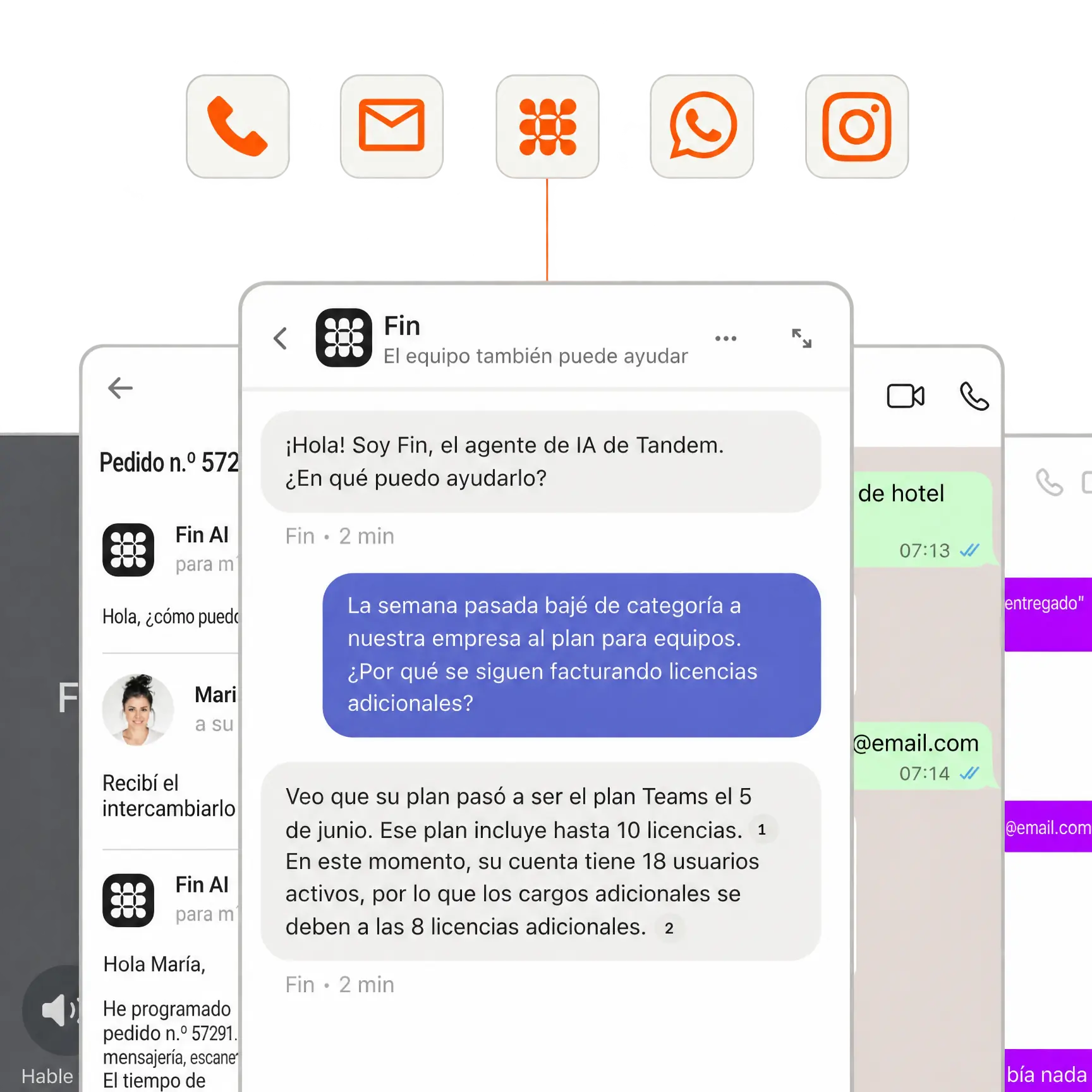 Fin respondiendo en canales como correo electrónico, chat, teléfono y redes sociales