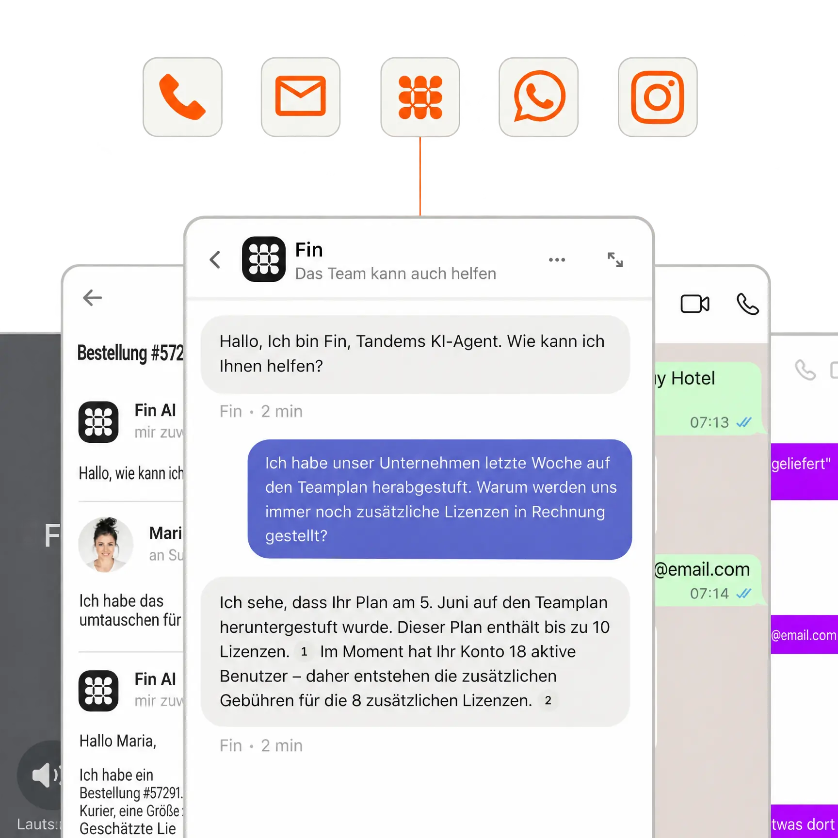 Fin antwortet über E-Mail, Chat, Telefon und soziale Kanäle