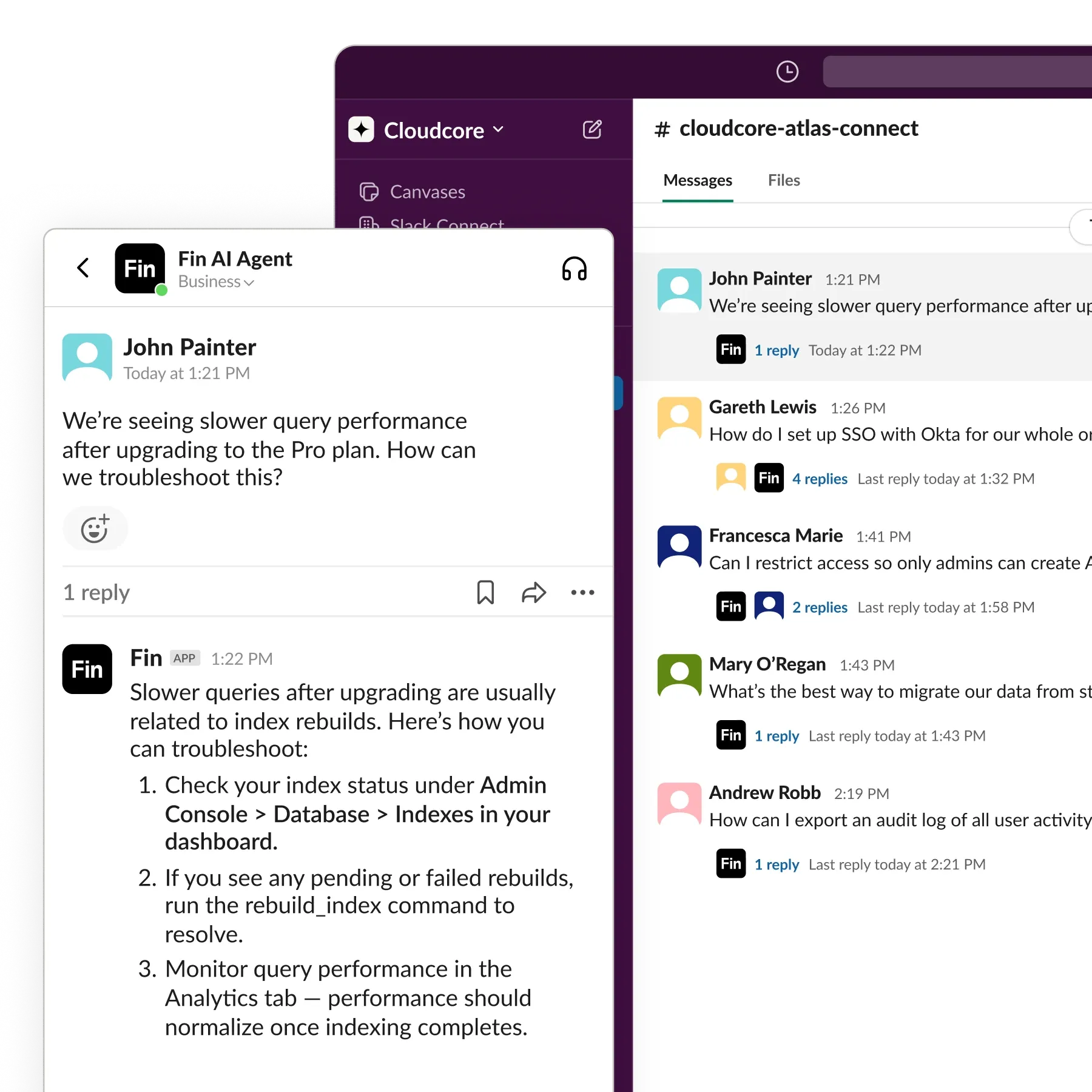 Slack conversation where Fin responds to a customer query in a threaded reply with Slack-native formatting