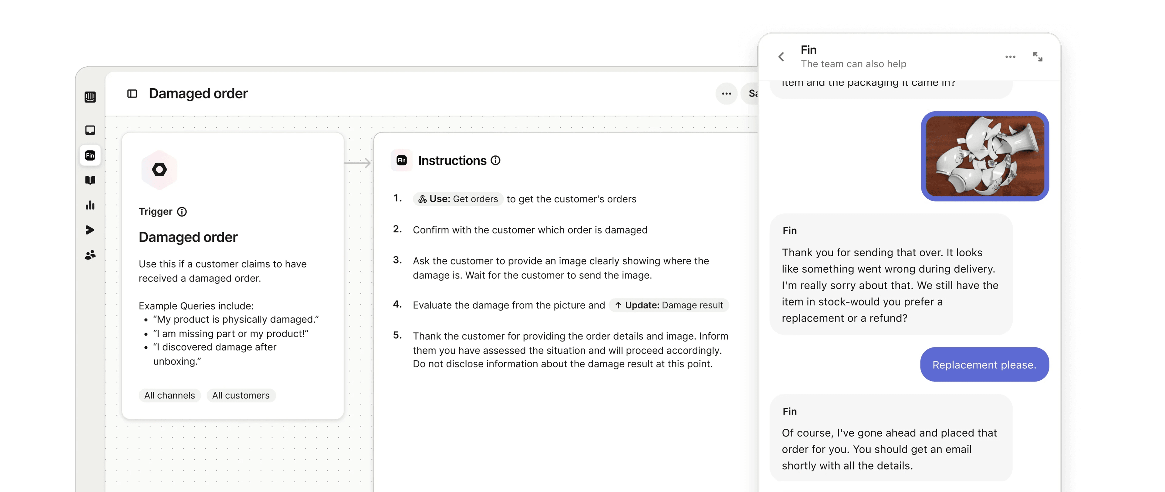 Illustration showing Fin executing ecommerce actions like refunds and order updates