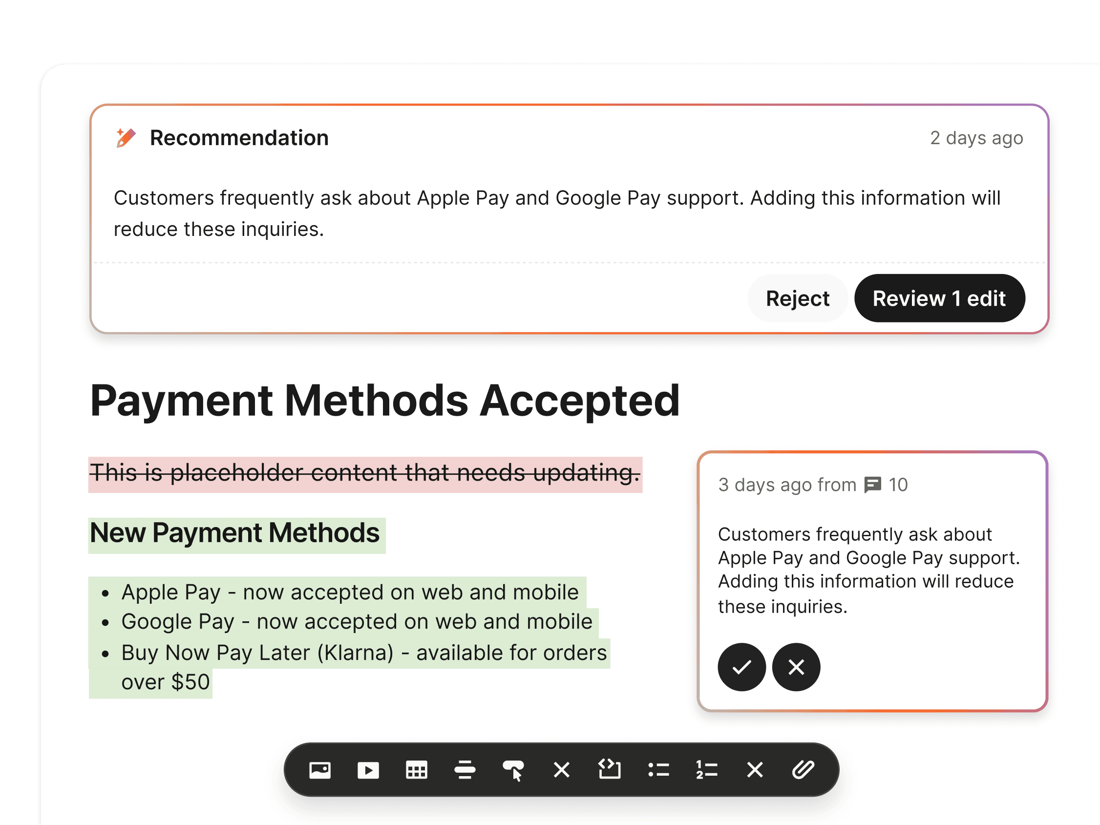 One-click content update interface for improving Fin