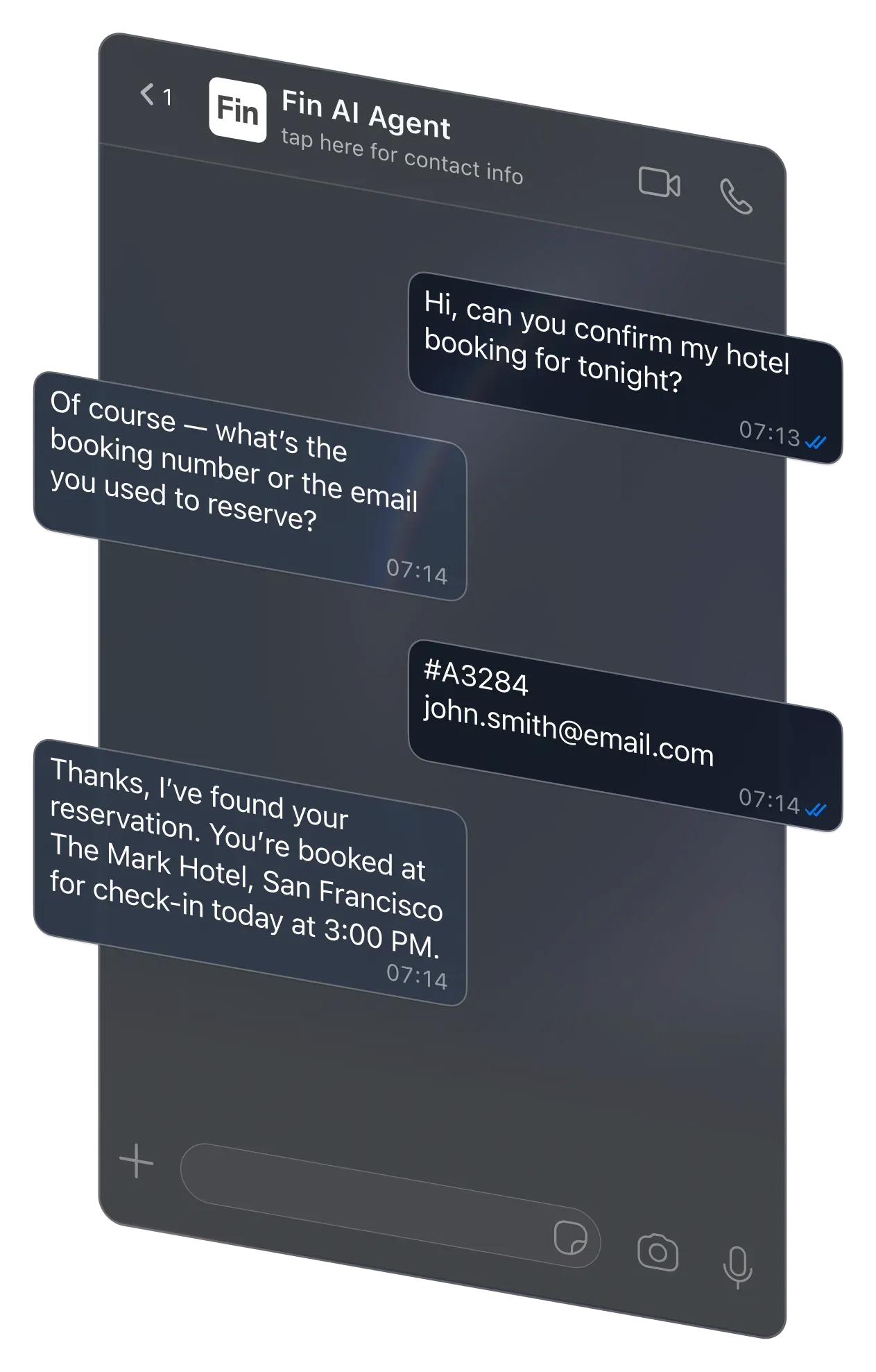 Fin AI Agent resolving a hotel booking query in a social messaging conversation