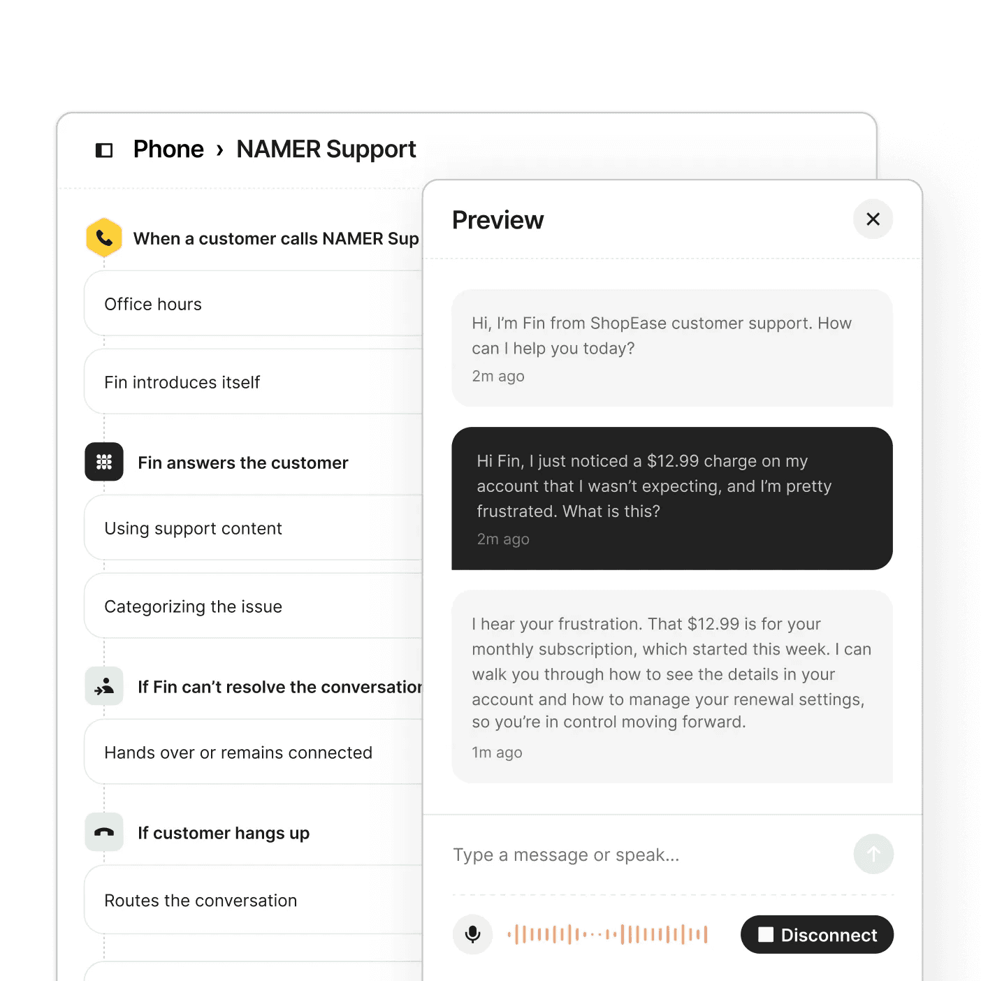 Fin Voice sandbox preview of a call scenario