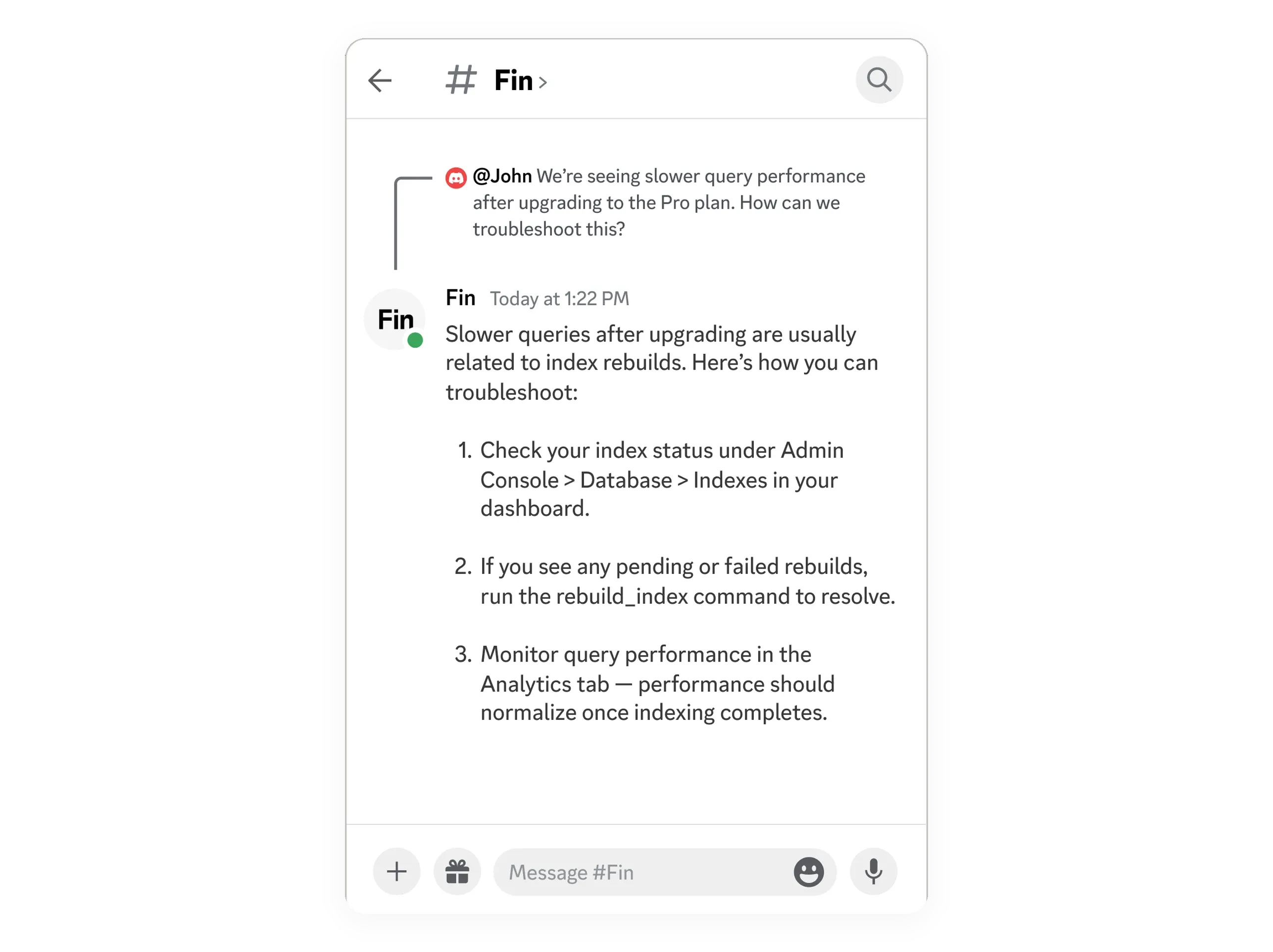 Fin providing support in a Discord server thread