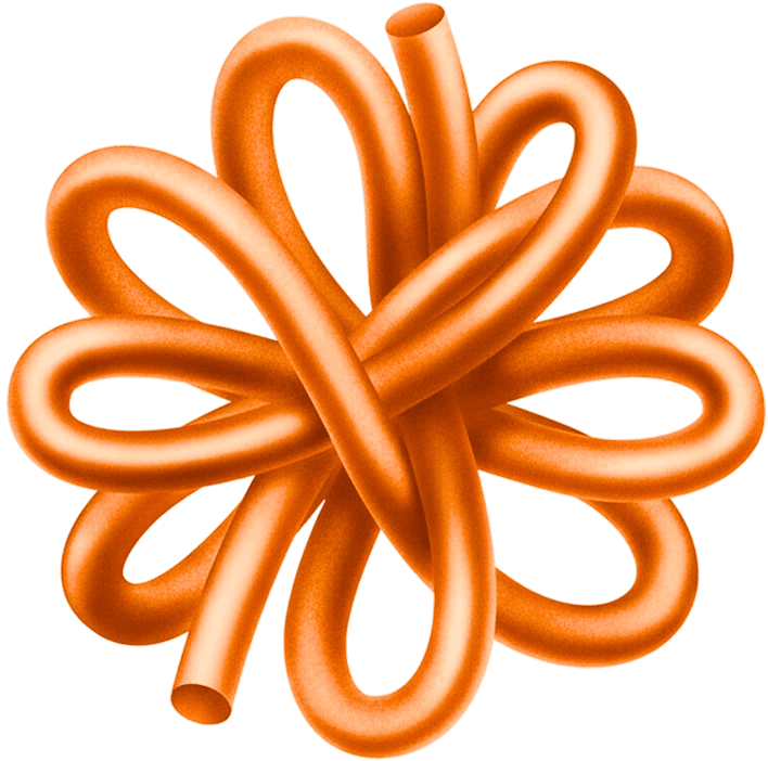 A bright orange, glossy, tube-like shape looping and intertwining into a symmetrical, flower-like knot