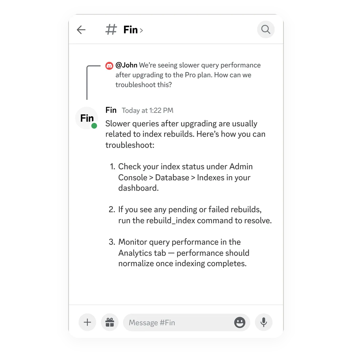 Fin providing support in a Discord server thread