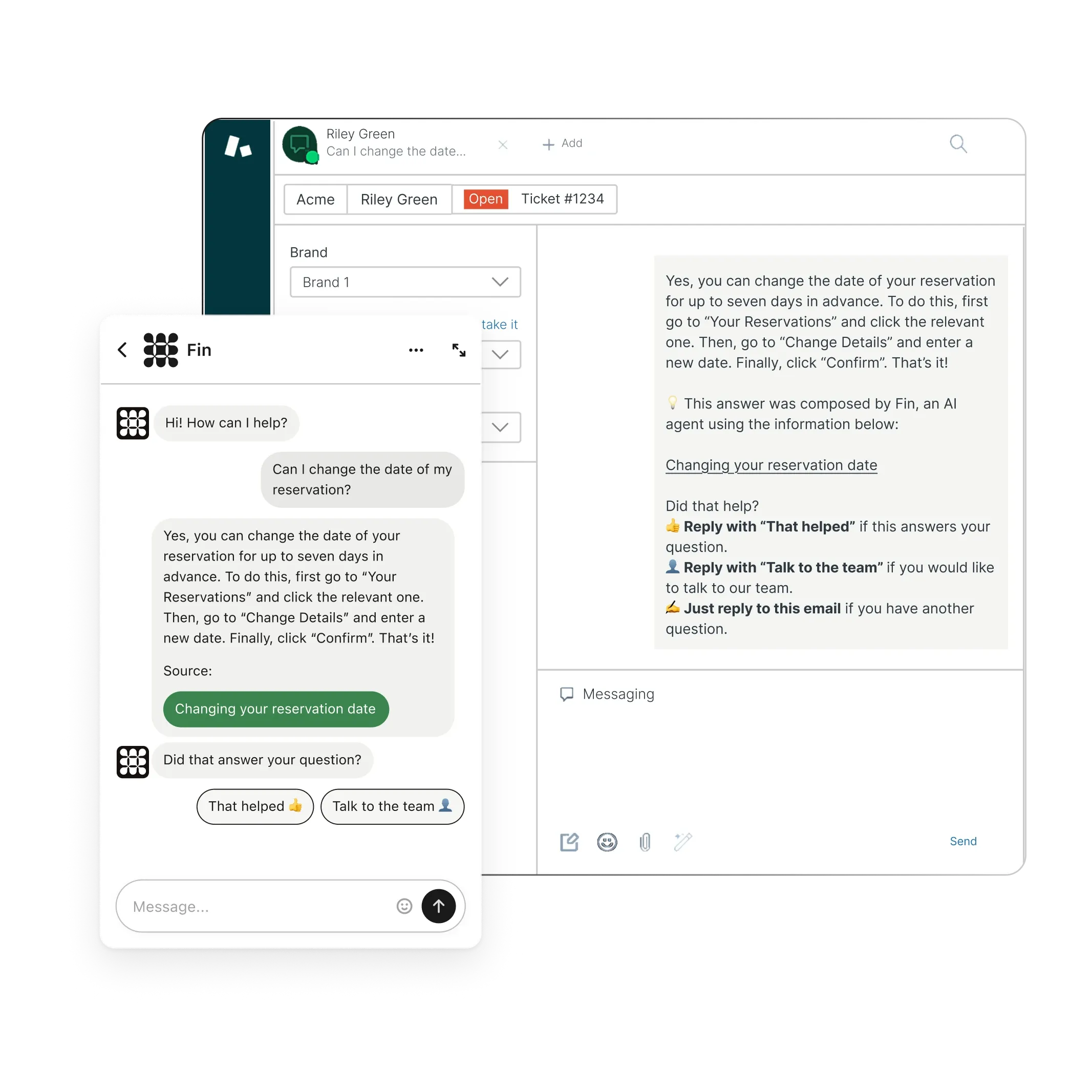 Fin answering a customer in the Fin Messenger and inside a Zendesk ticket