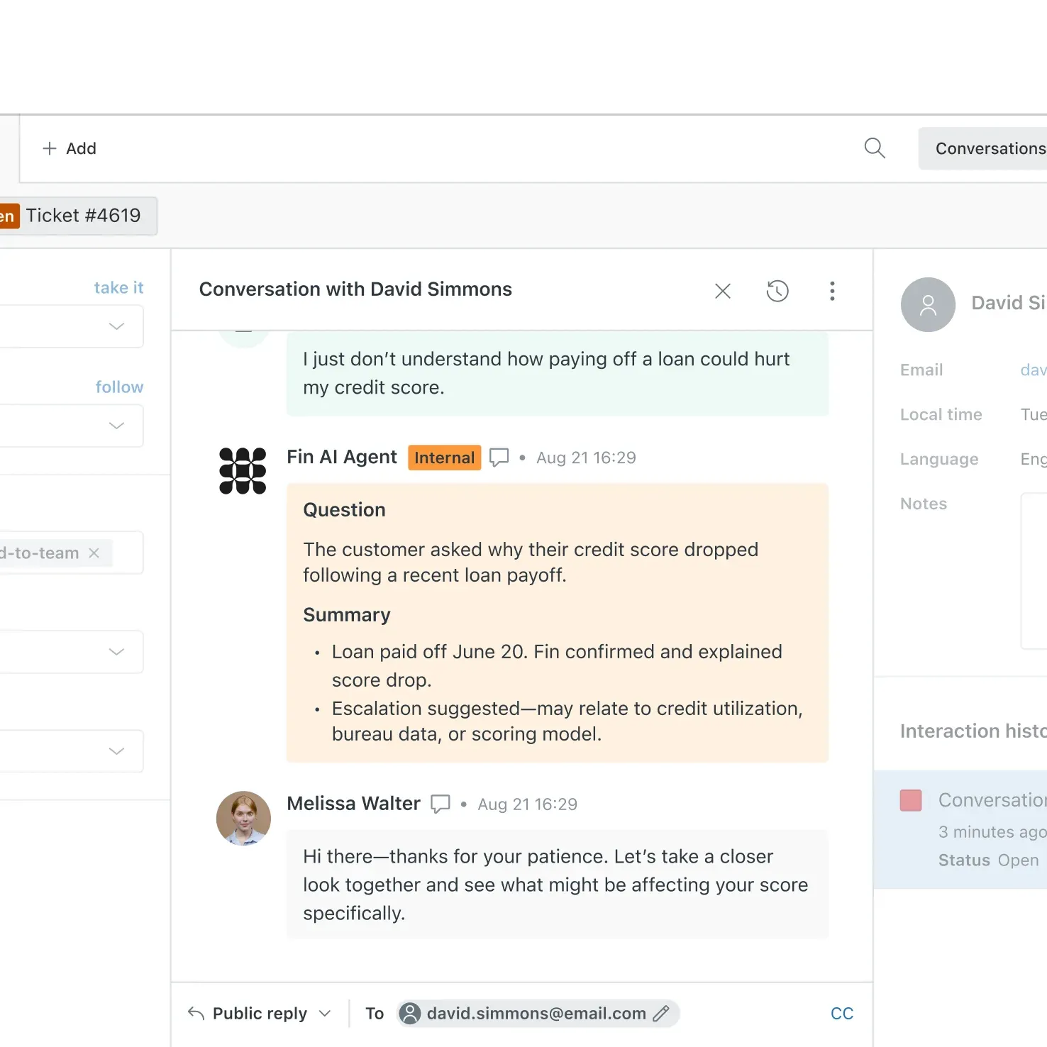 Fin adding a summary and handing off to a Zendesk agent