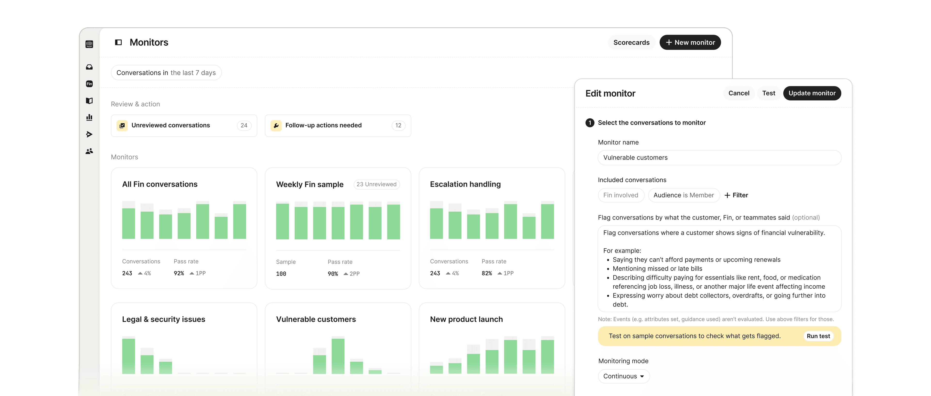 Monitors overview showing conversation tracking and edit monitor panel