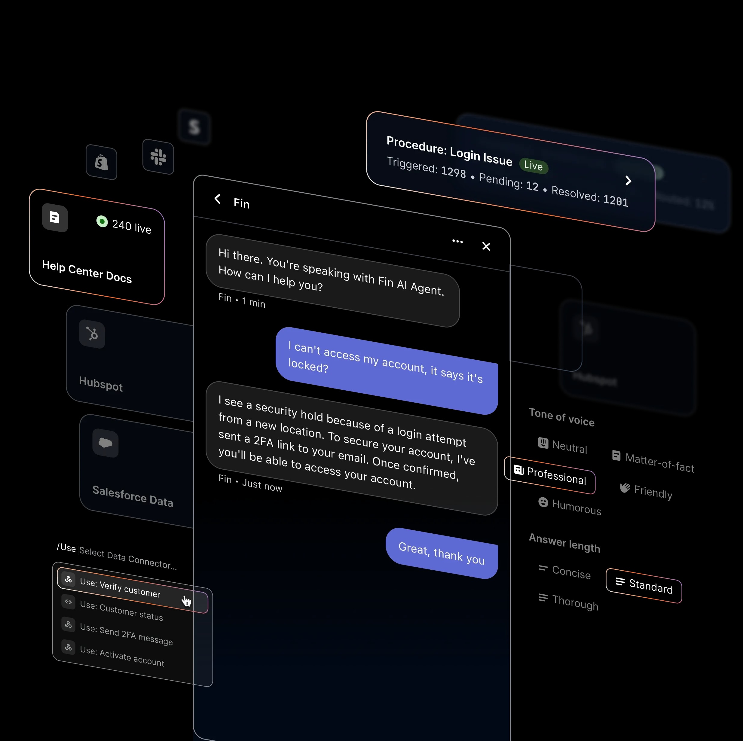 Fin AI Agent interface showing conversation and training features