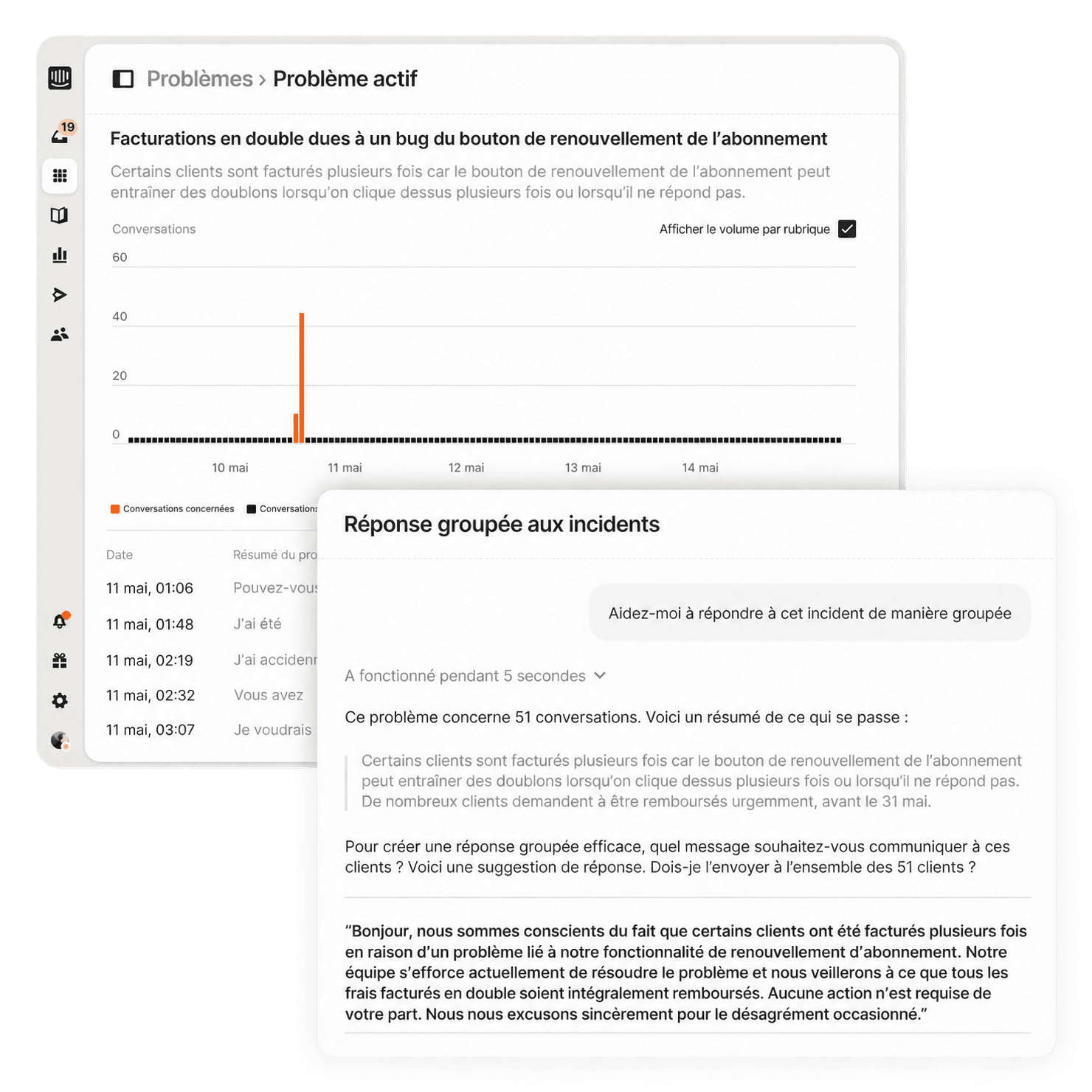 Interface de réponse groupée aux incidents affichant les conversations concernées
