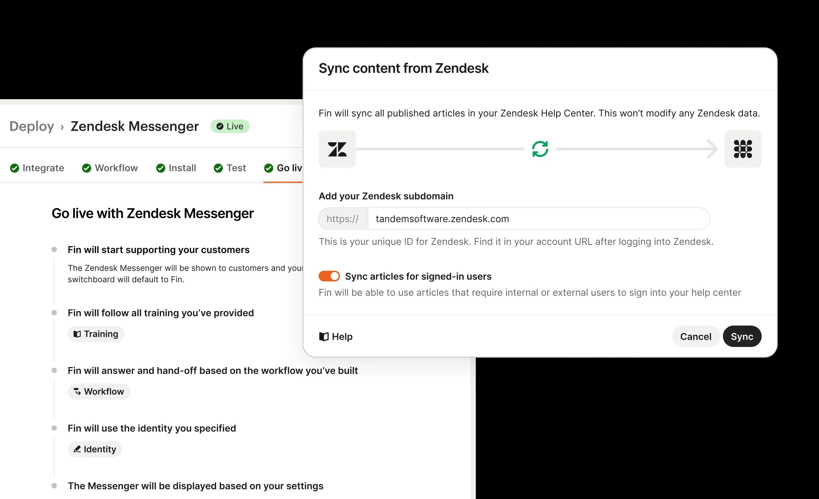 Syncing Zendesk Help Center content to Fin