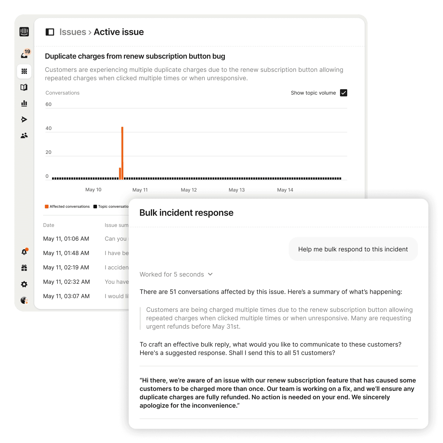 Bulk incident response interface showing affected conversations