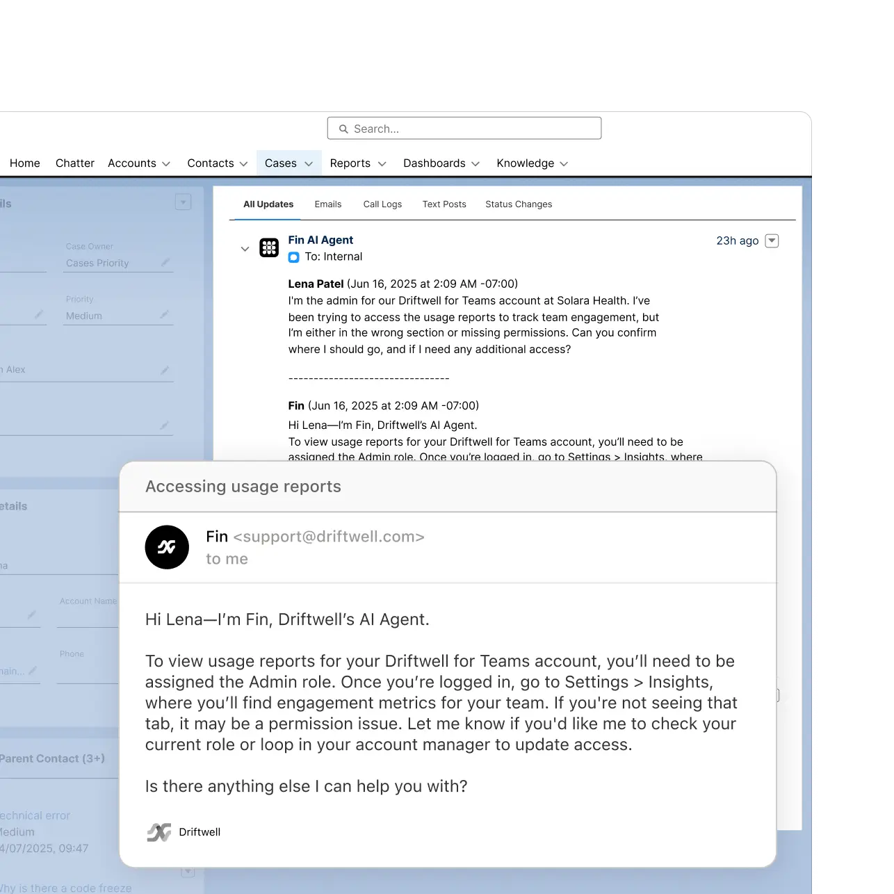 Fin resolving a customer query inside Salesforce
