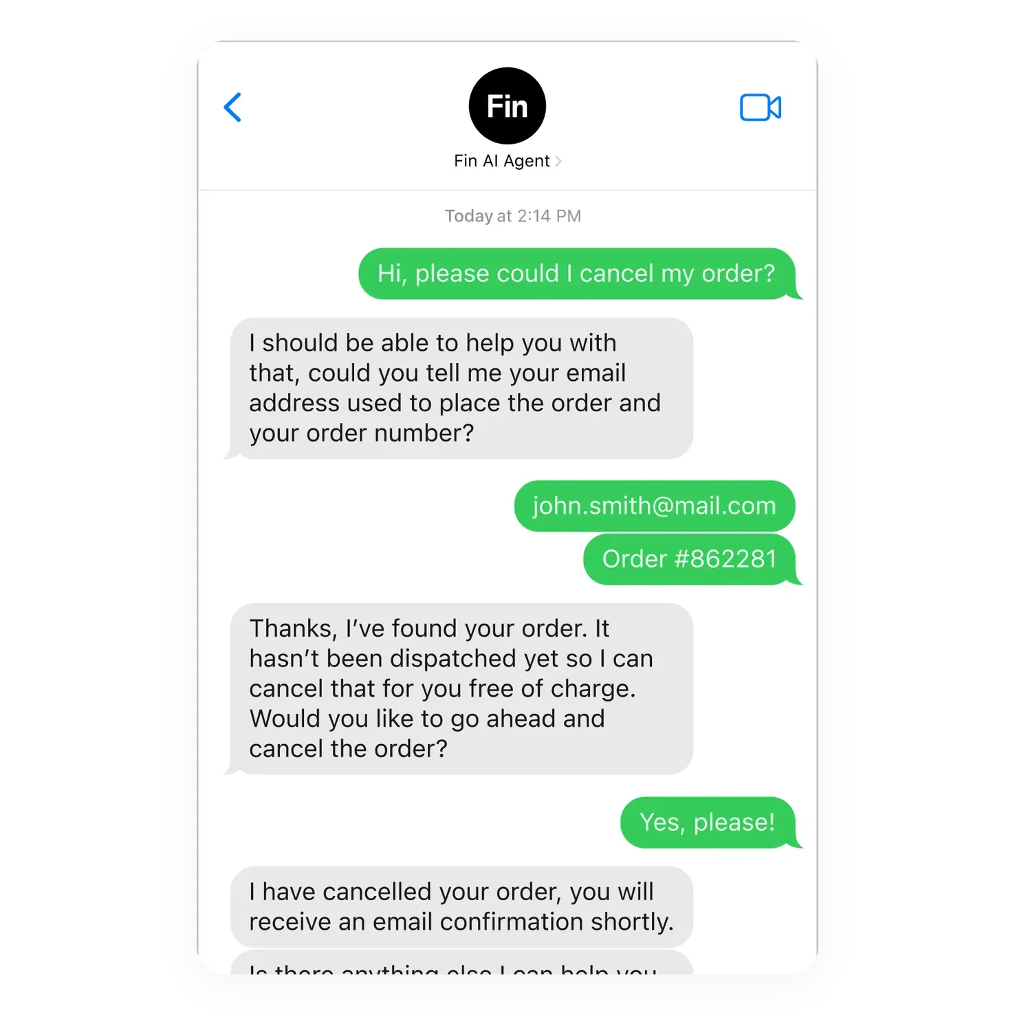 Fin canceling a customer order in an SMS text conversation