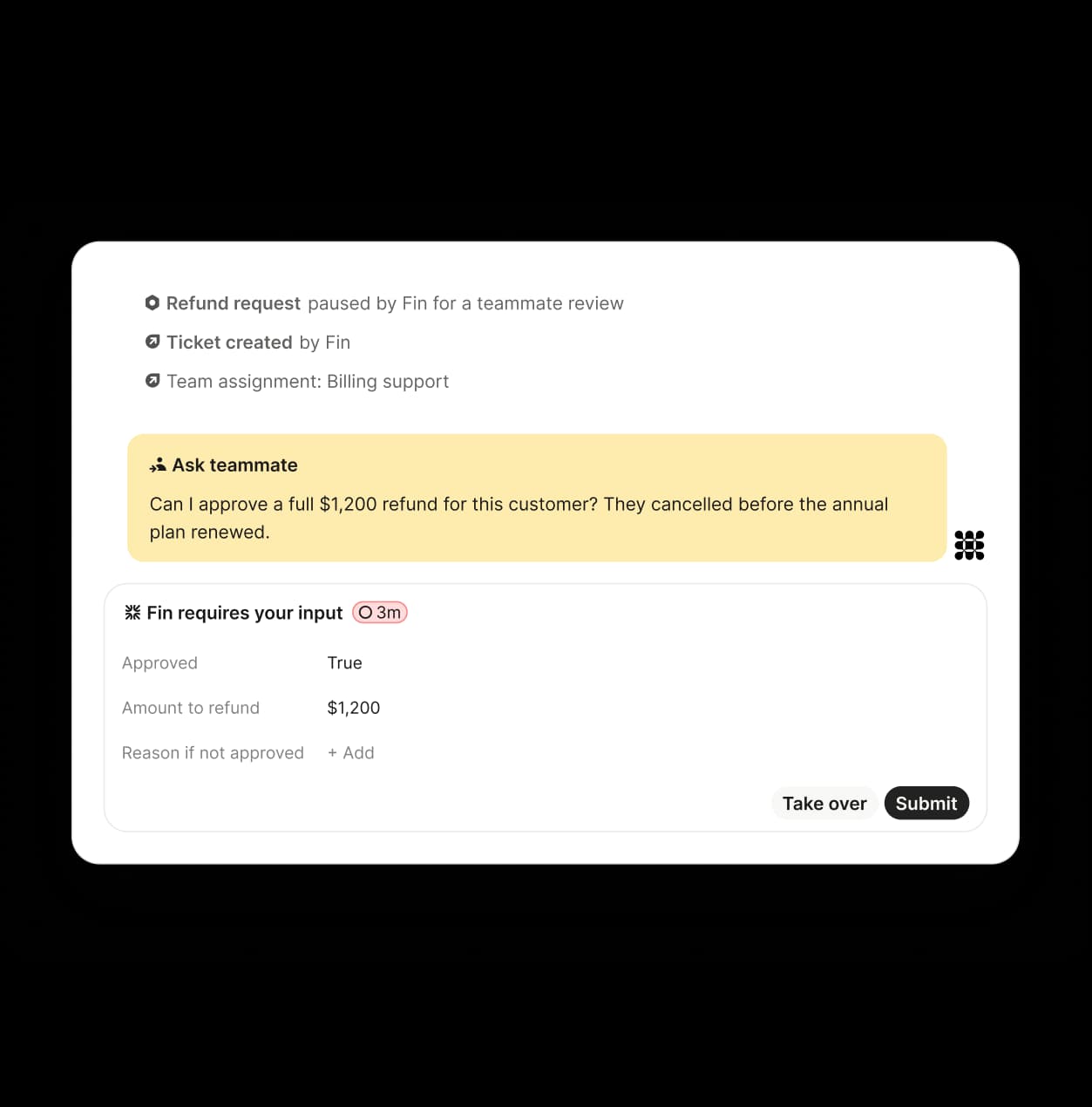 Fin pausing a refund request for a teammate to review and approve
