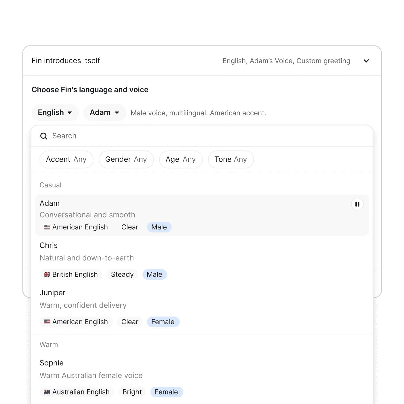 Voice selection interface showing language and voice options