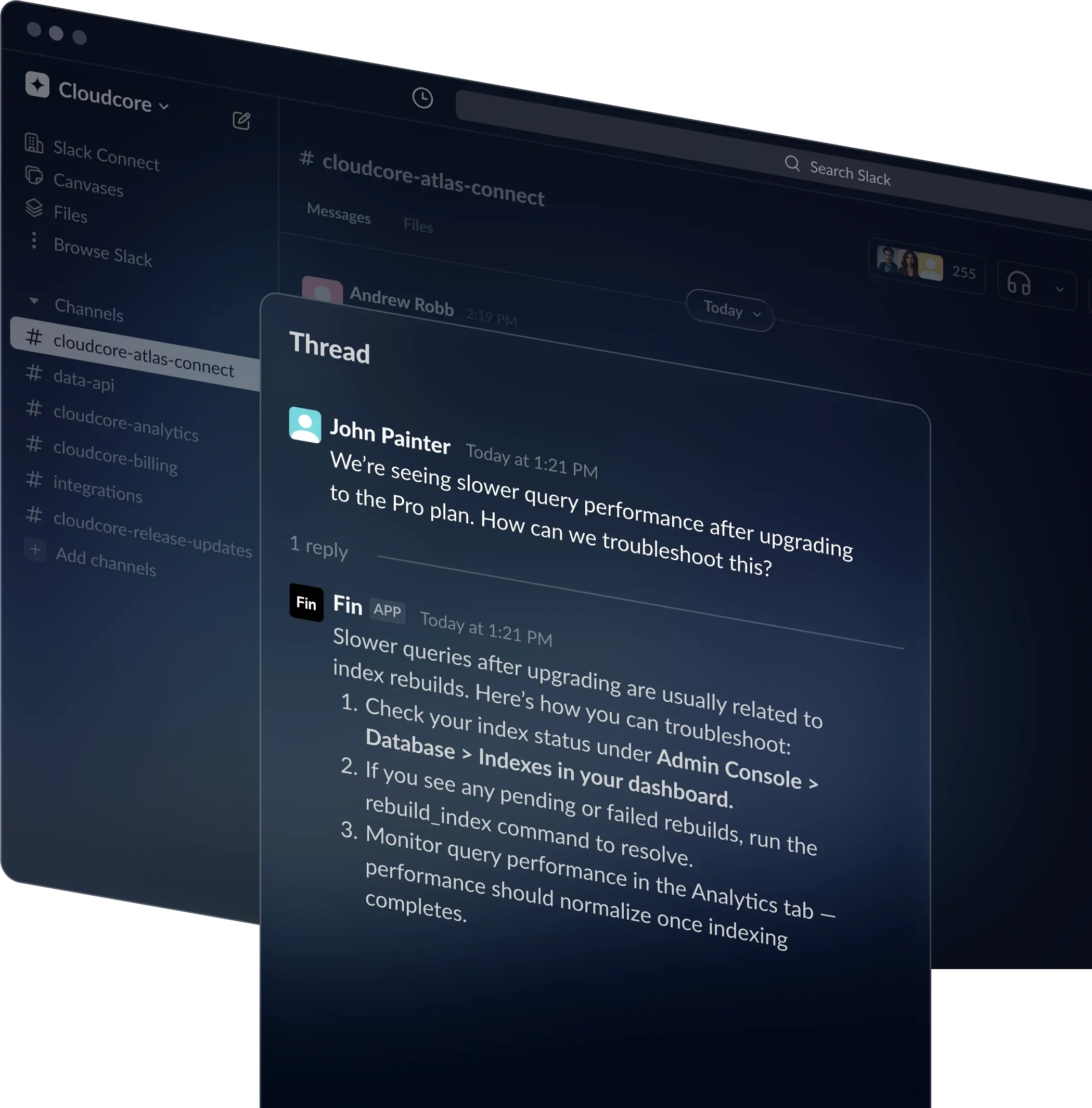 Fin resolving a customer question in a threaded Slack reply