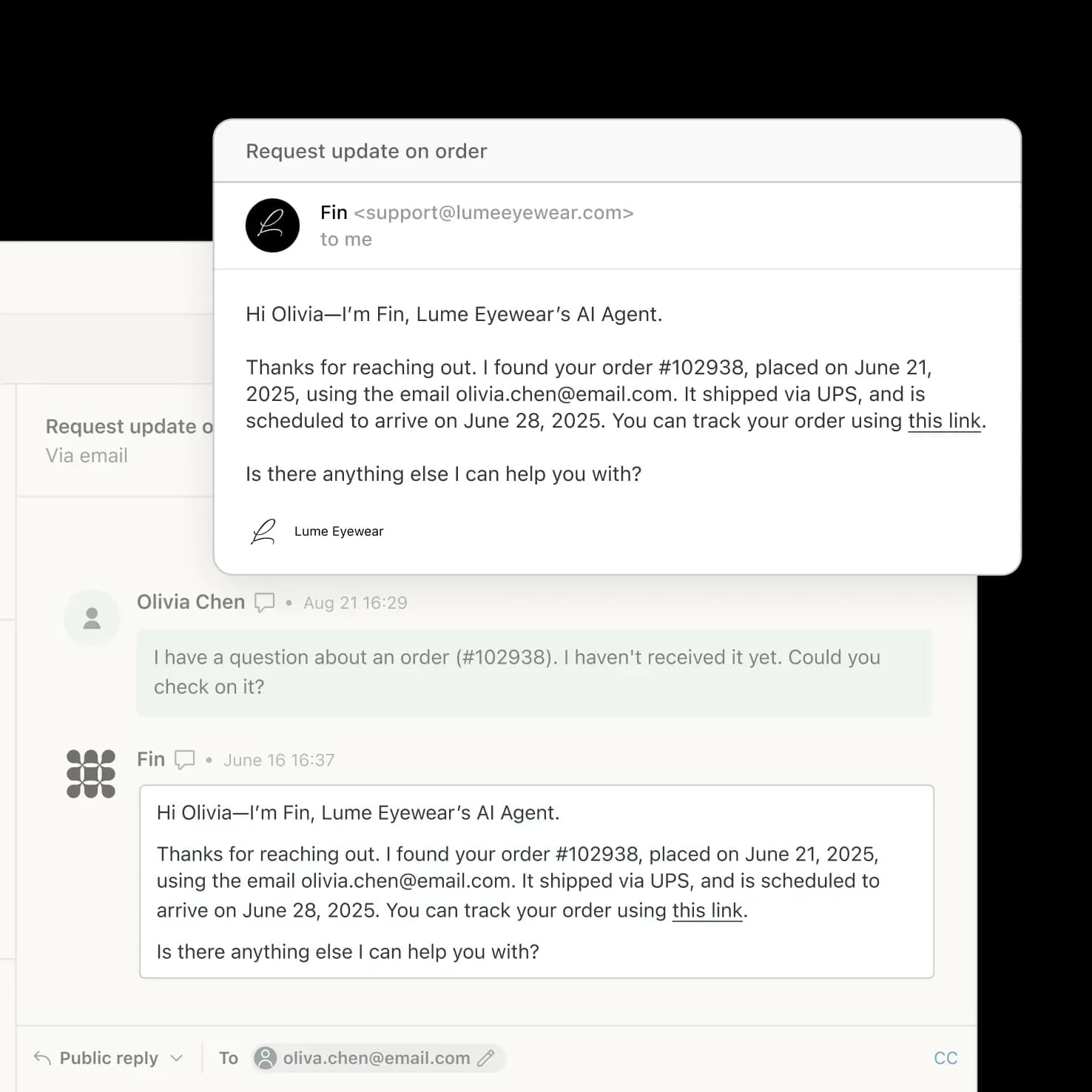 Fin replying to an email ticket in Zendesk