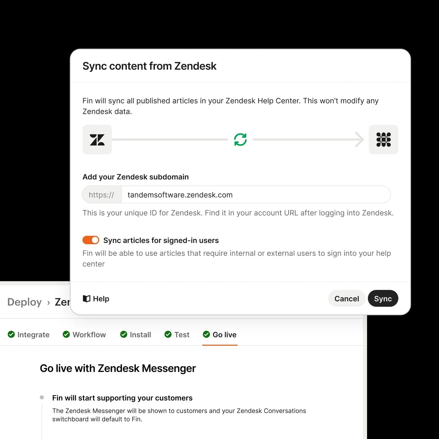 Syncing Zendesk Help Center content to Fin