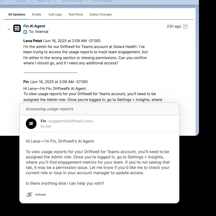 Fin resolving a customer query inside Salesforce
