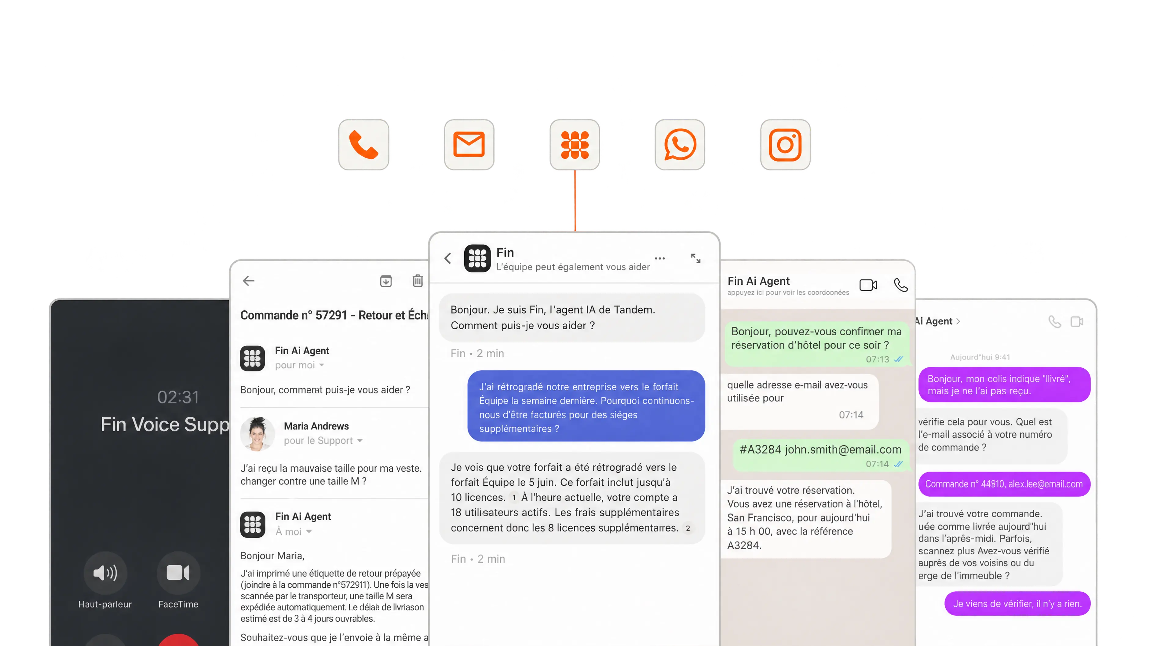 Fin répond par e-mail, discussion en direct, téléphone et sur les réseaux sociaux