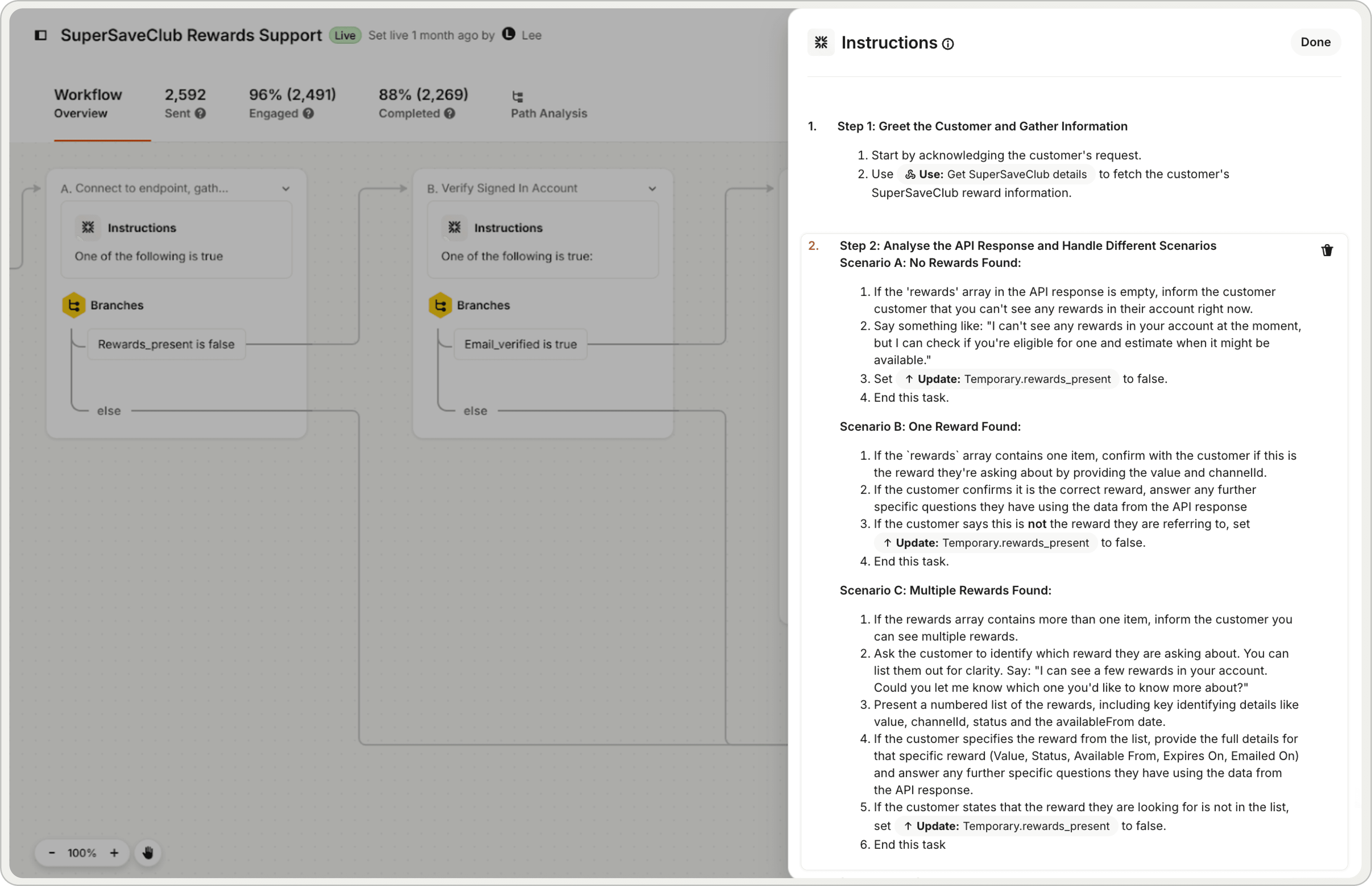 Fin follows natural-language instructions to fetch reward details and tailor replies.